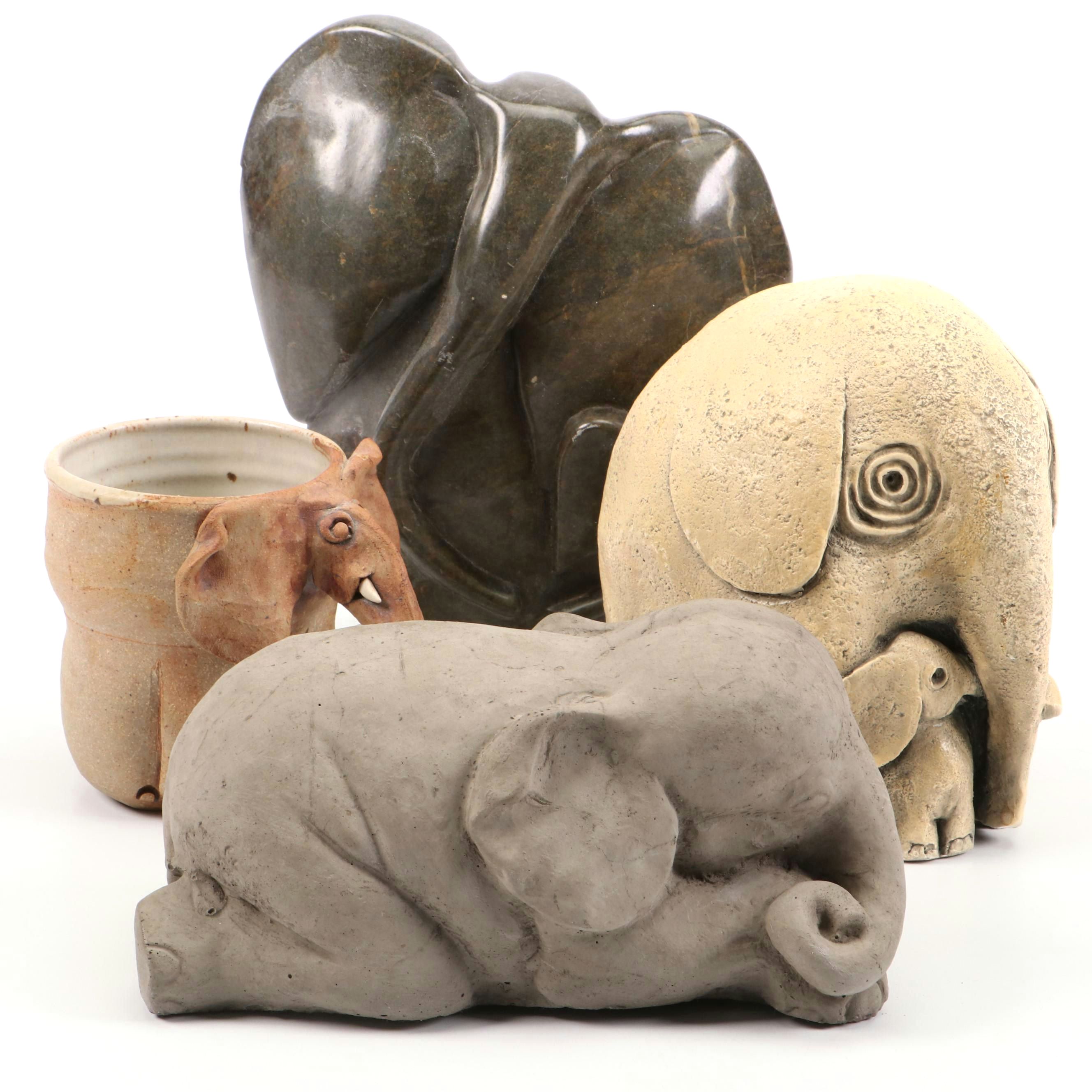 Artist-Made Stoneware Elephant Planter with Concrete and More Elephant Figurines