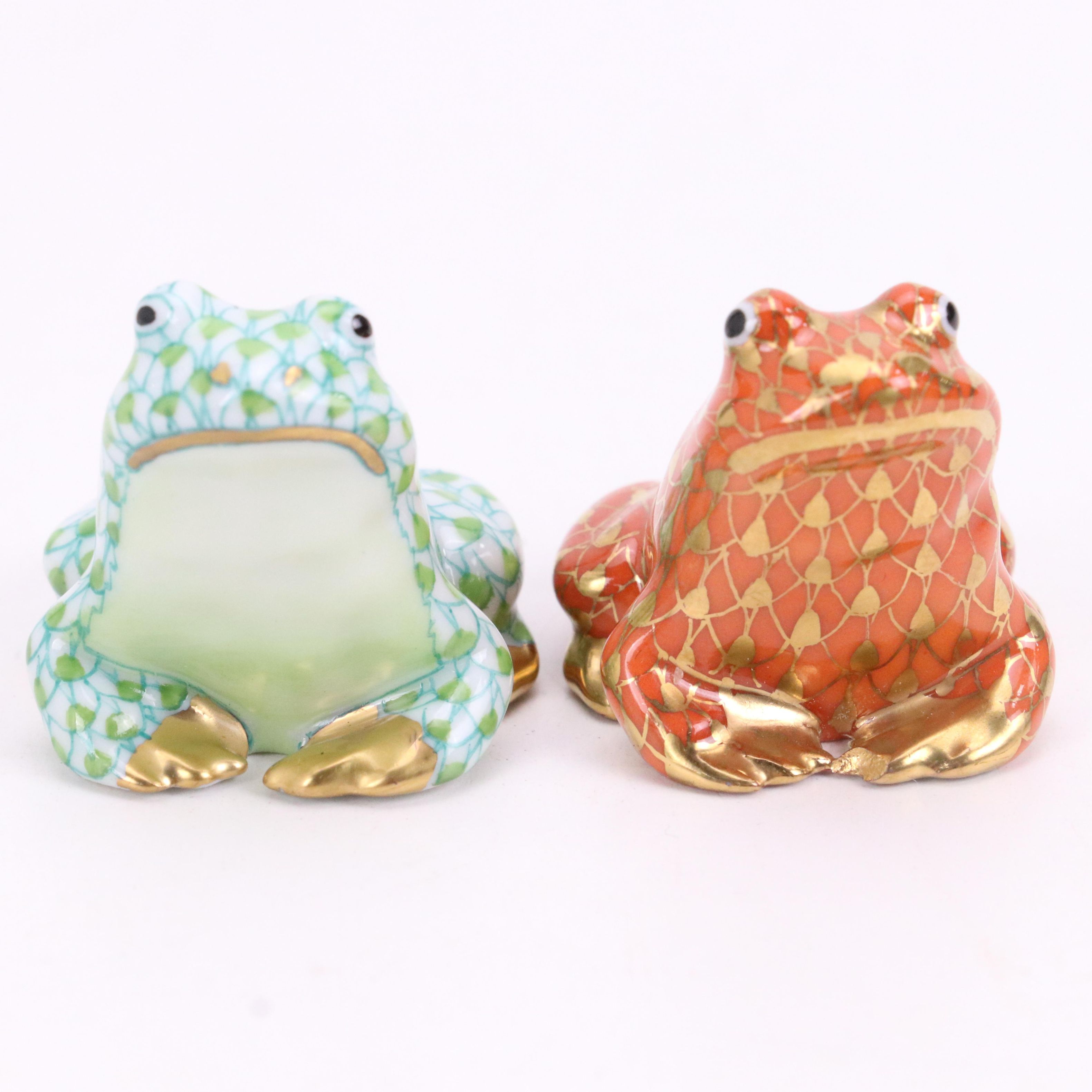 Herend Key Lime with Gold and Other Fishnet "Miniature Frog" Porcelain Figurines