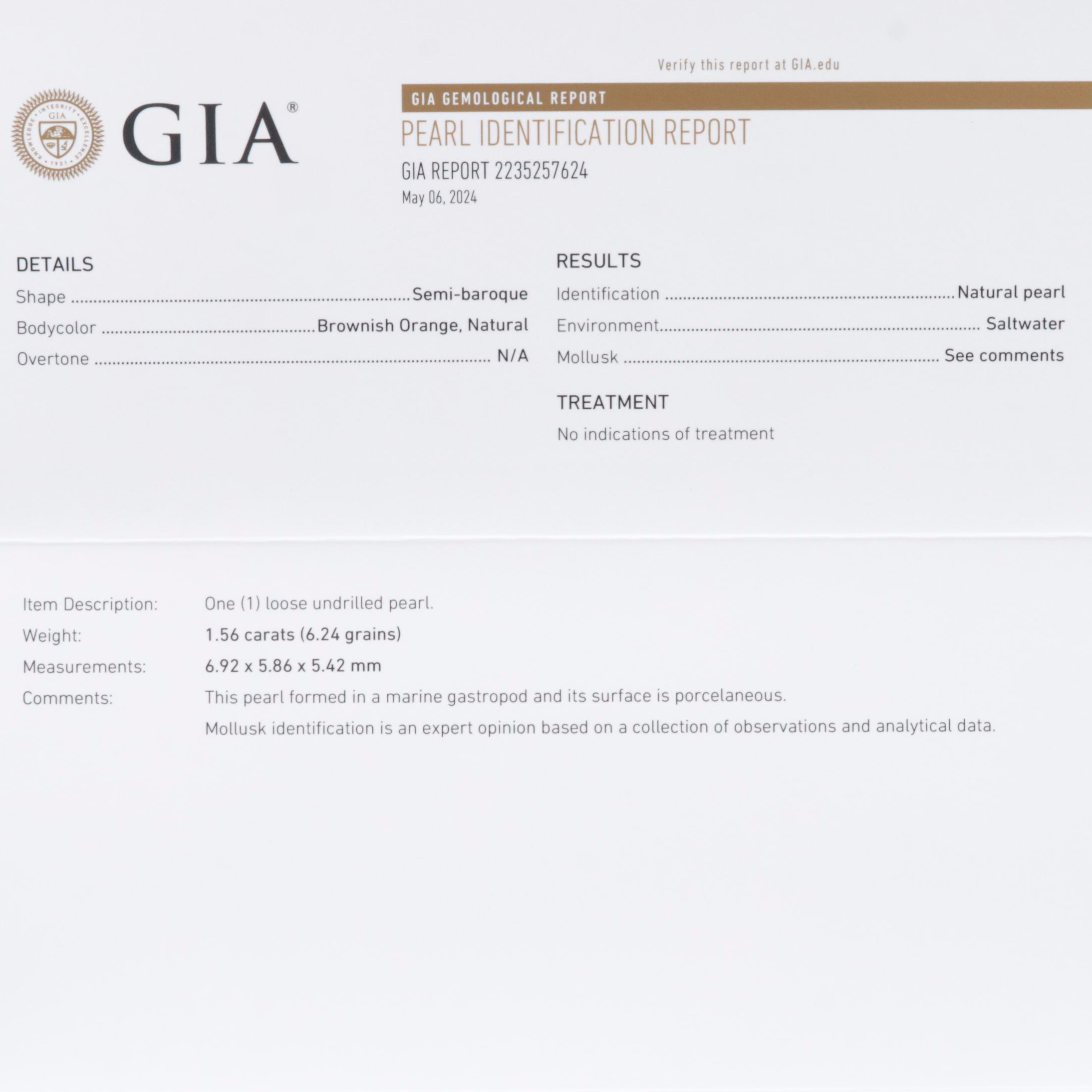 Loose 1.56 CT Untreated Natural Pearl with GIA Report