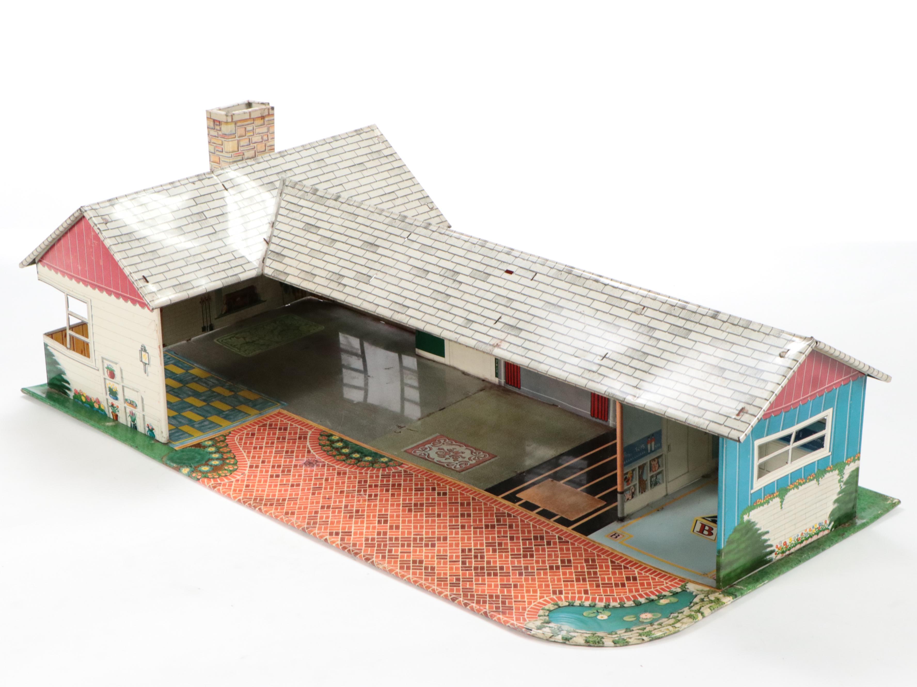 Marx Tin Litho Mid-Century Ranch Doll House with Accessories