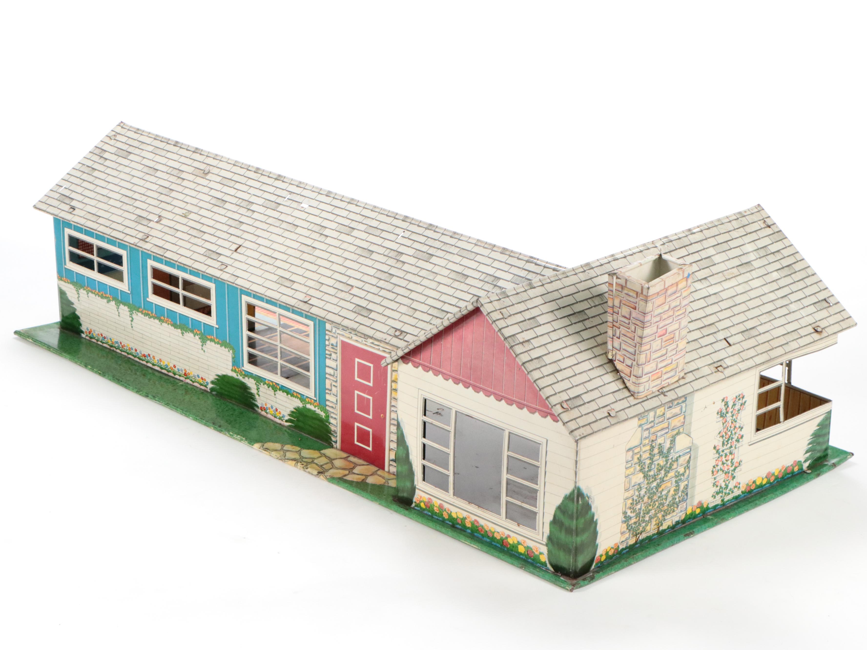 Marx Tin Litho Mid-Century Ranch Doll House with Accessories