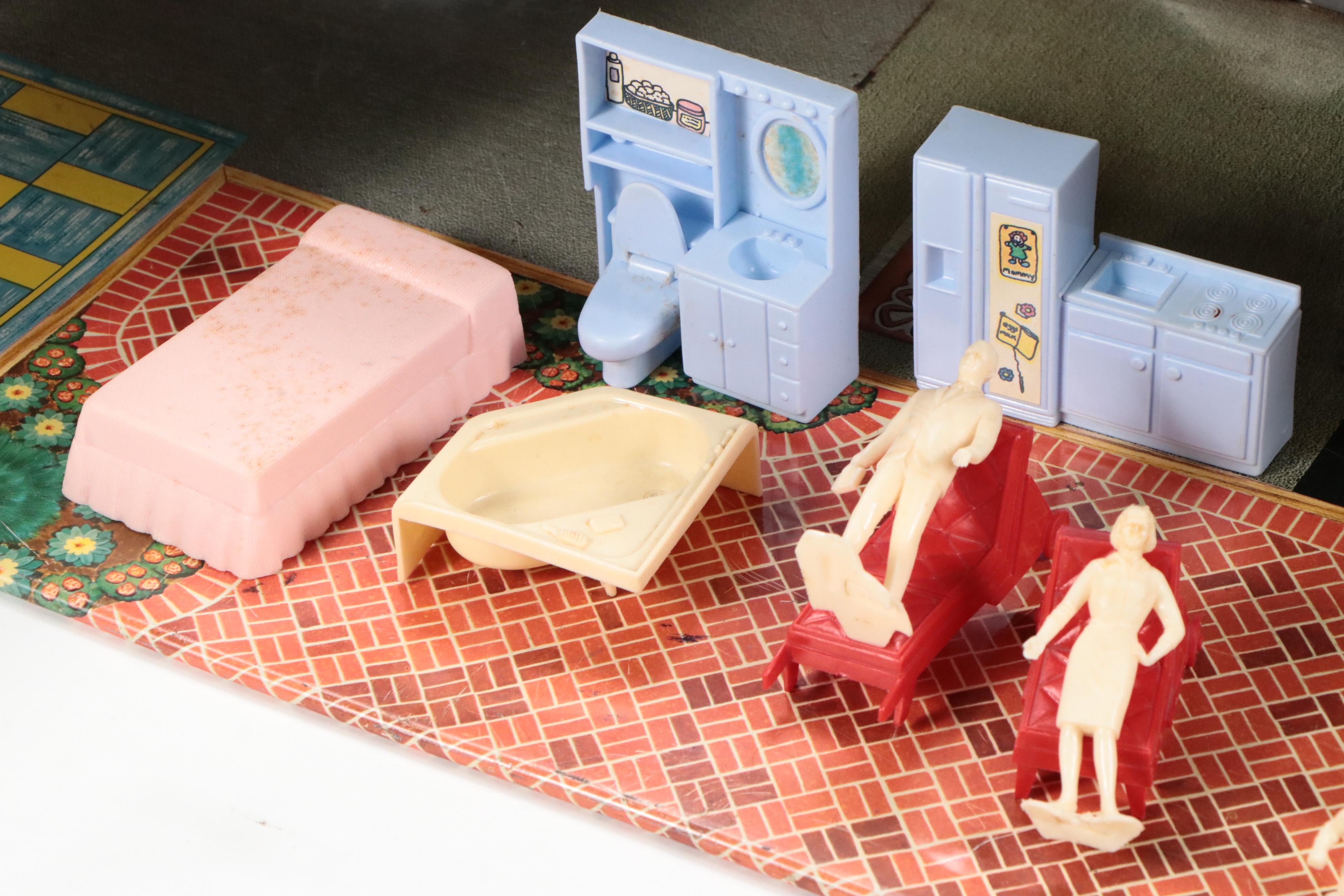 Marx Tin Litho Mid-Century Ranch Doll House with Accessories