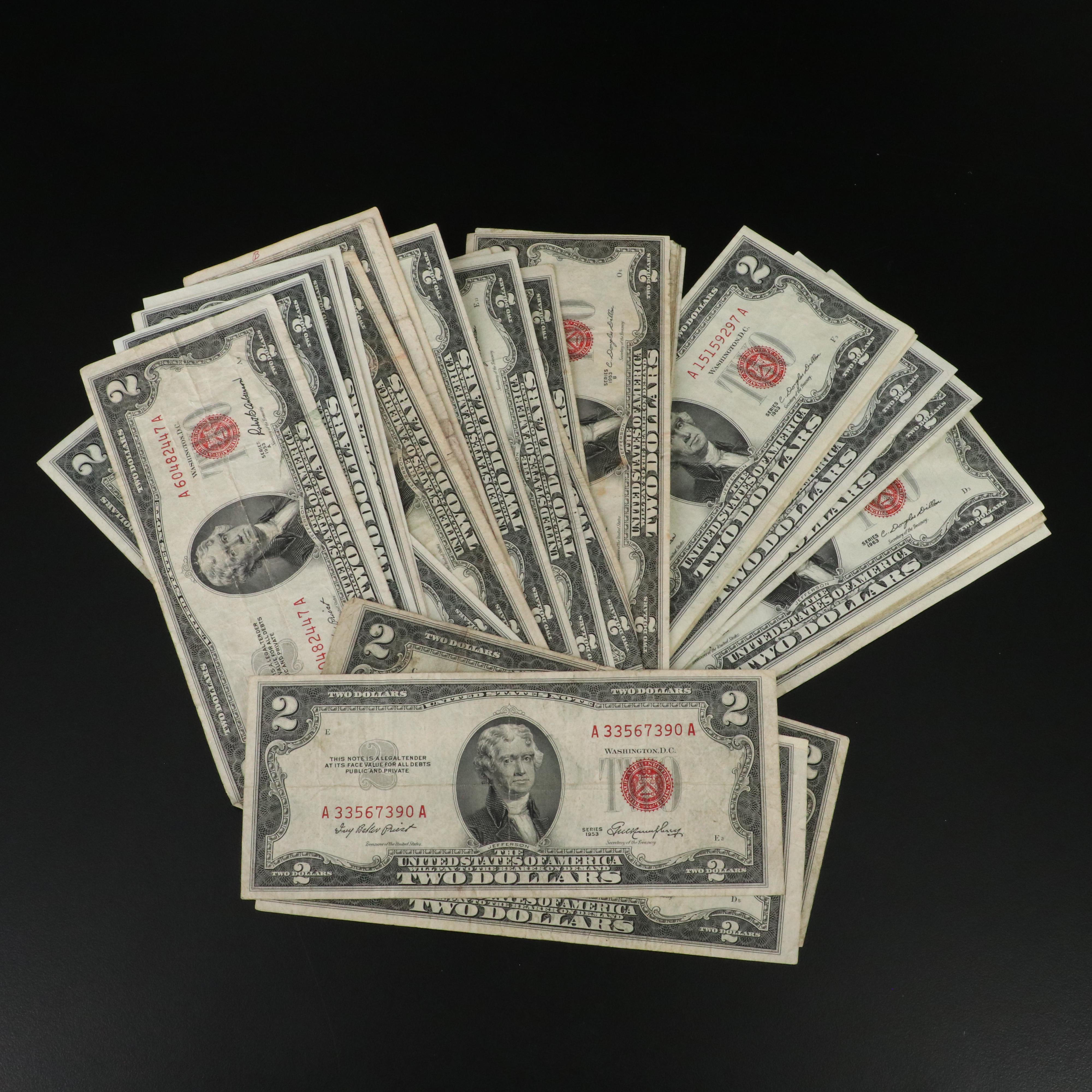 Group of Thirty-One Red Seal United States Legal Tender Two Dollar Notes