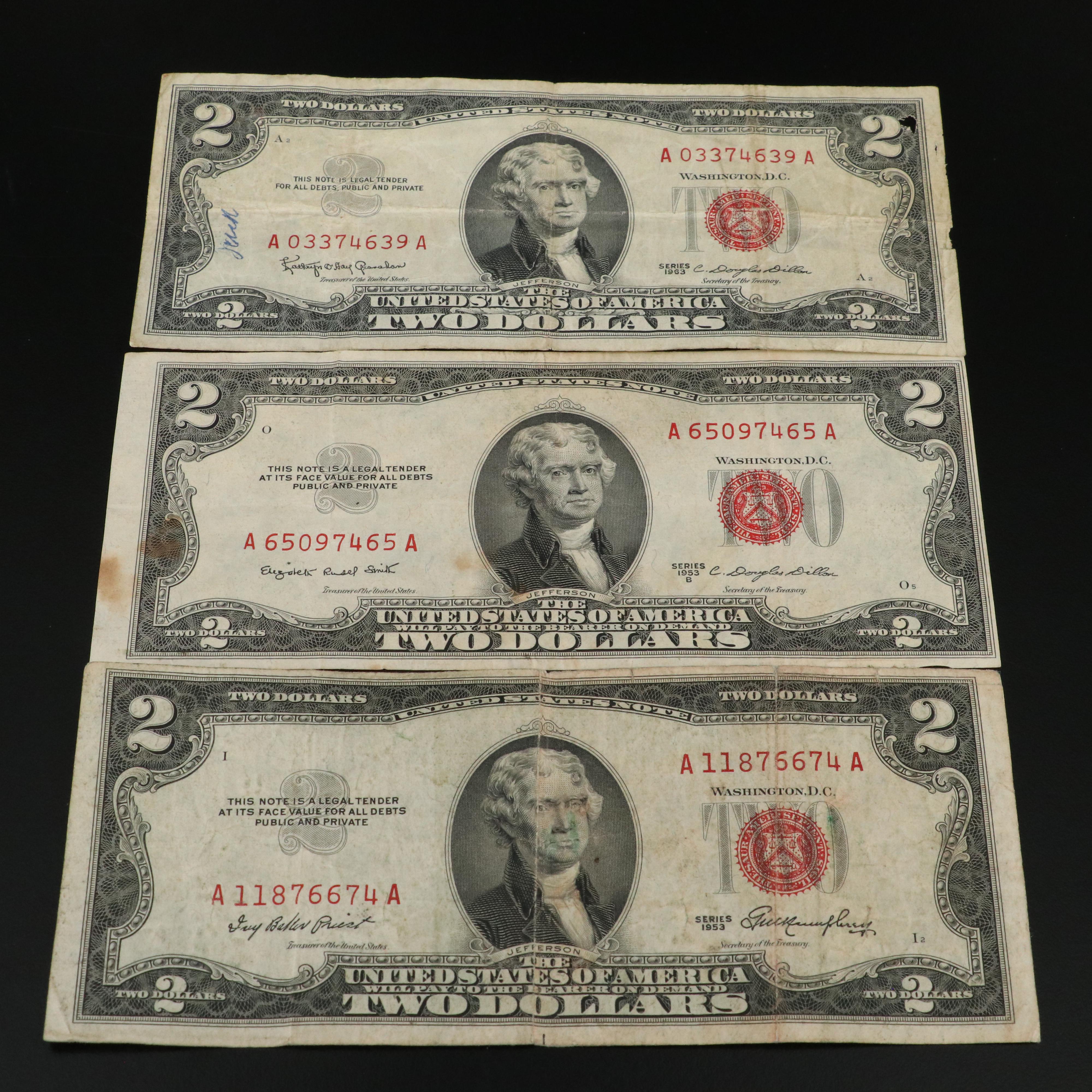 Group of Thirty-One Red Seal United States Legal Tender Two Dollar Notes