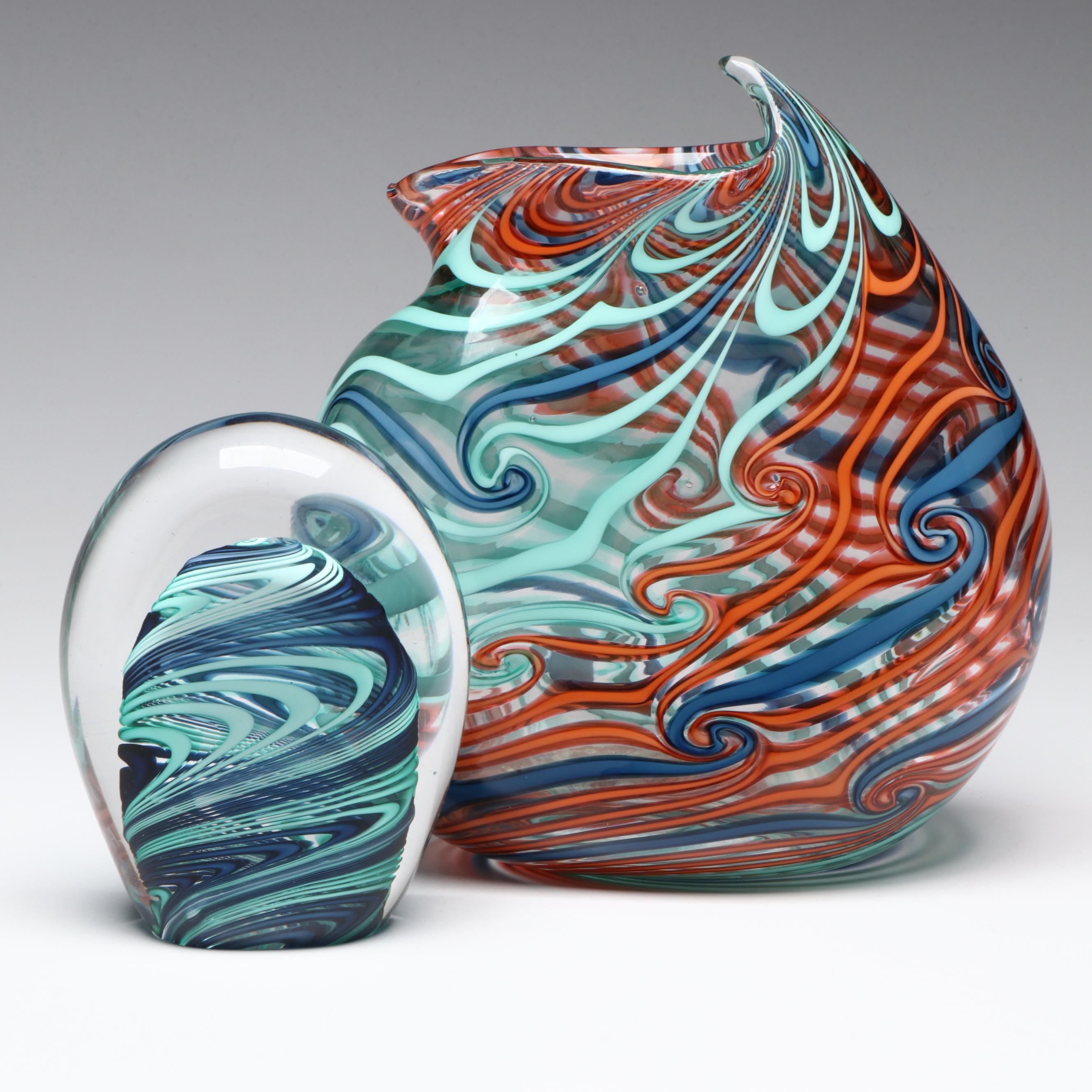 David Russell Blown Studio Art Glass Coil Vase and Art Glass Paperweight