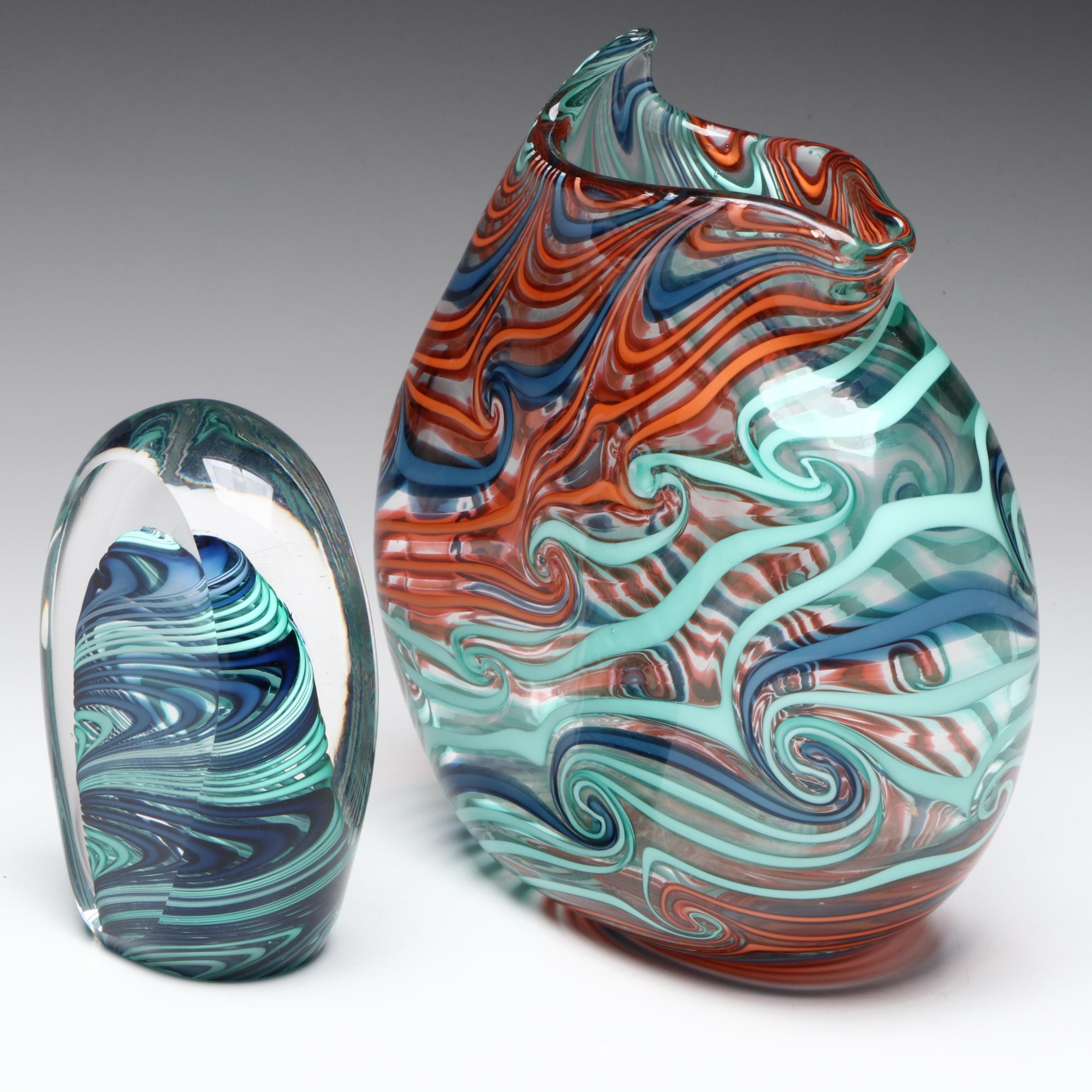 David Russell Blown Studio Art Glass Coil Vase and Art Glass Paperweight