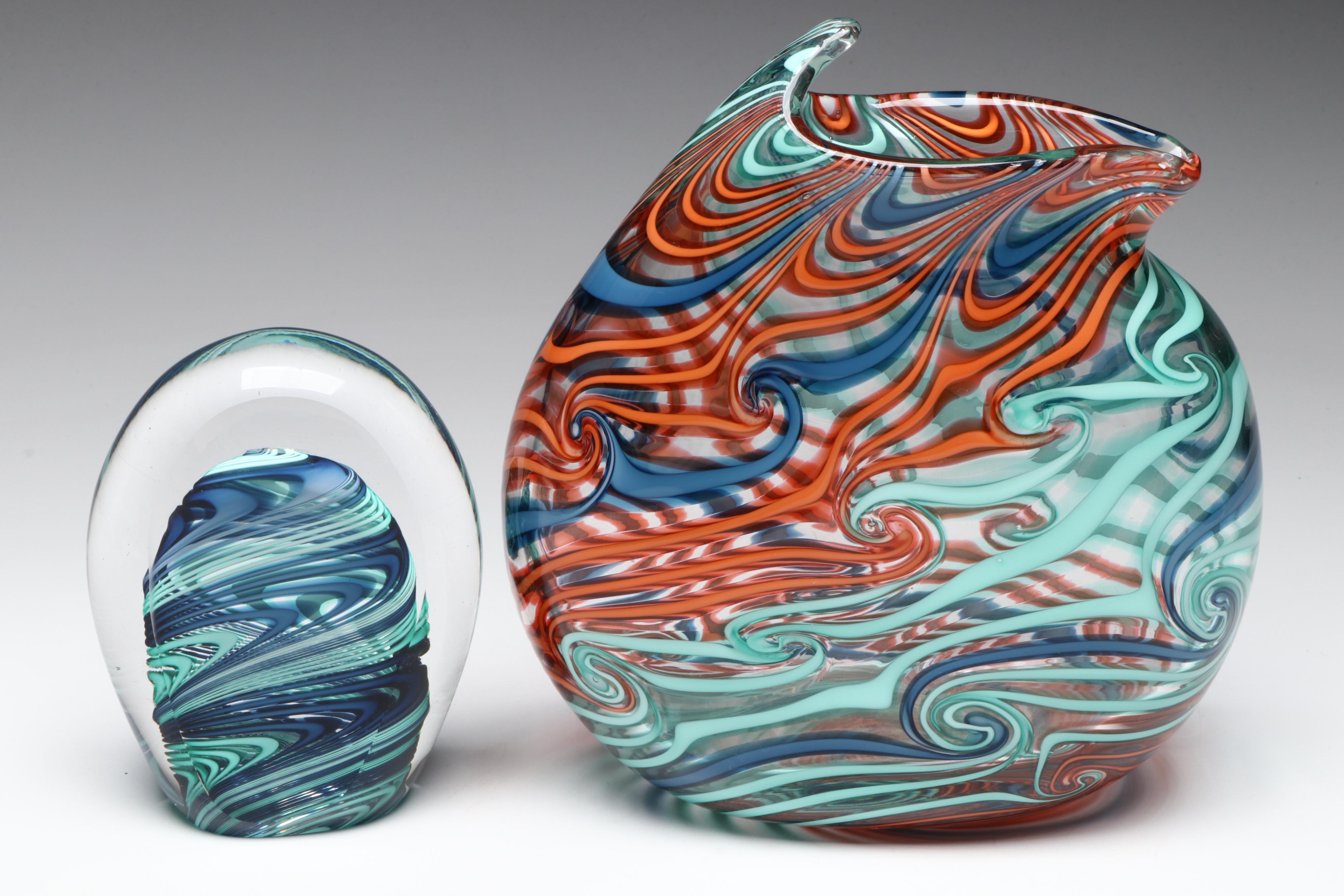 David Russell Blown Studio Art Glass Coil Vase and Art Glass Paperweight