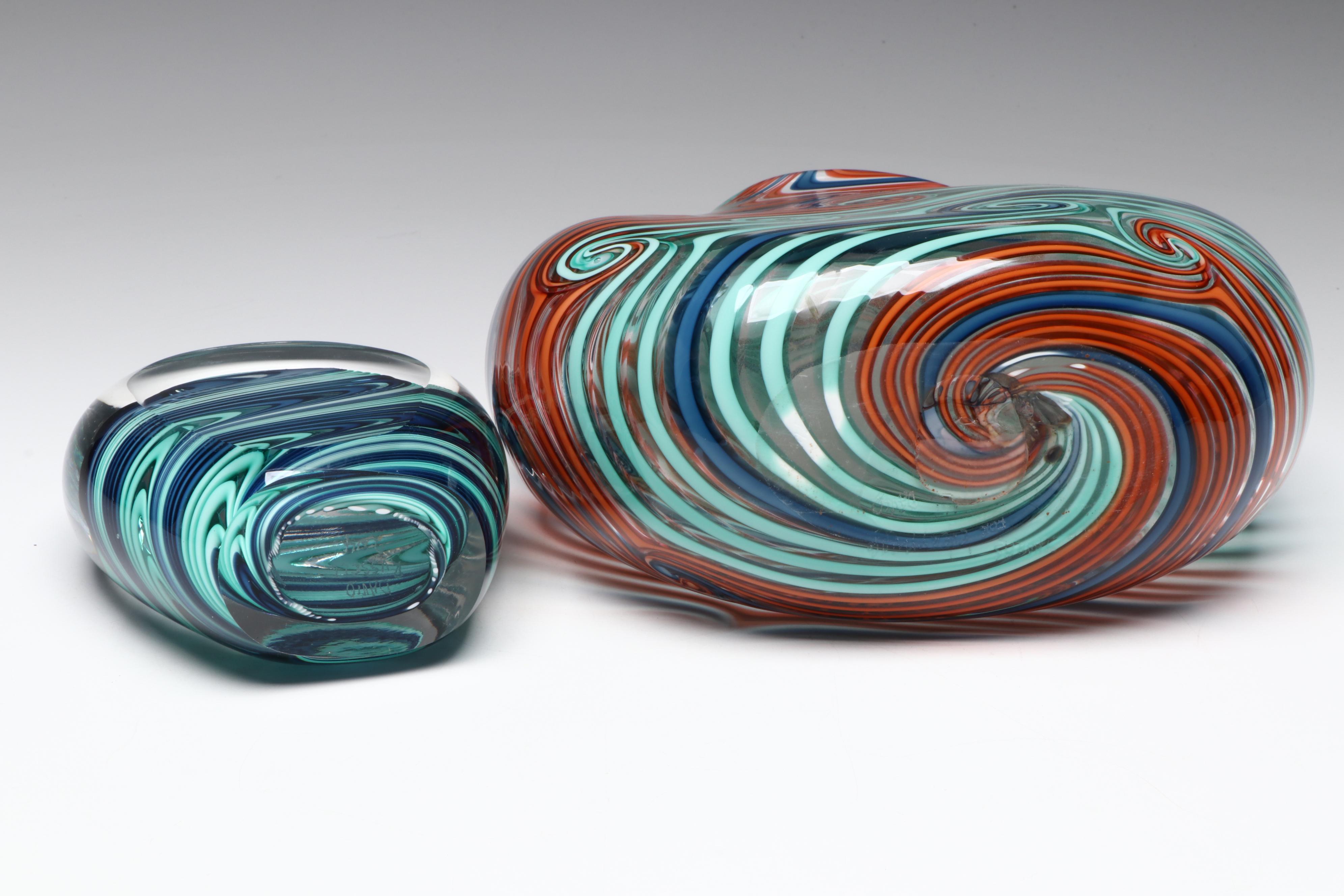 David Russell Blown Studio Art Glass Coil Vase and Art Glass Paperweight