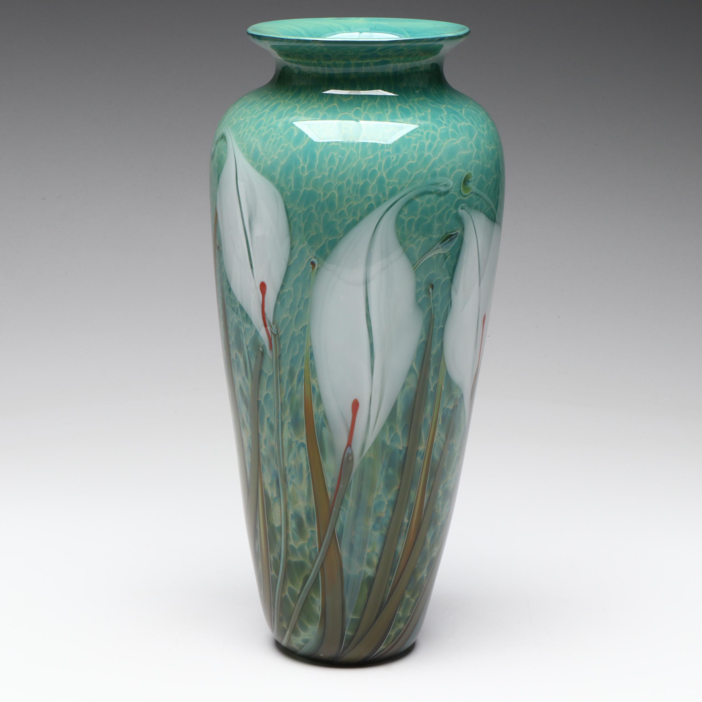 Richard Satava Handblown Floral Motif Studio Art Glass Vase, Late 20th Century