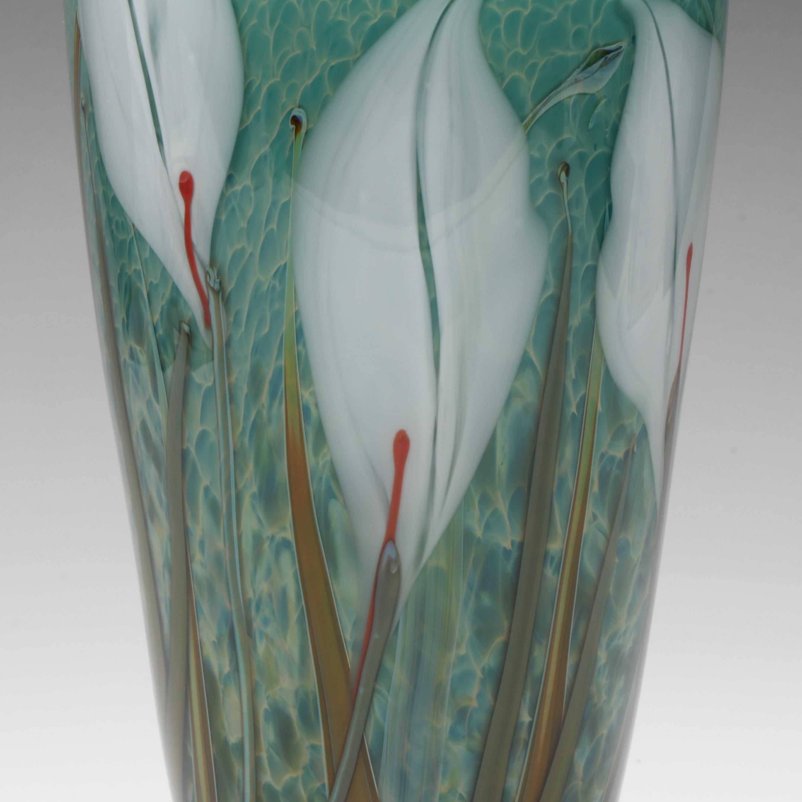 Richard Satava Handblown Floral Motif Studio Art Glass Vase, Late 20th Century