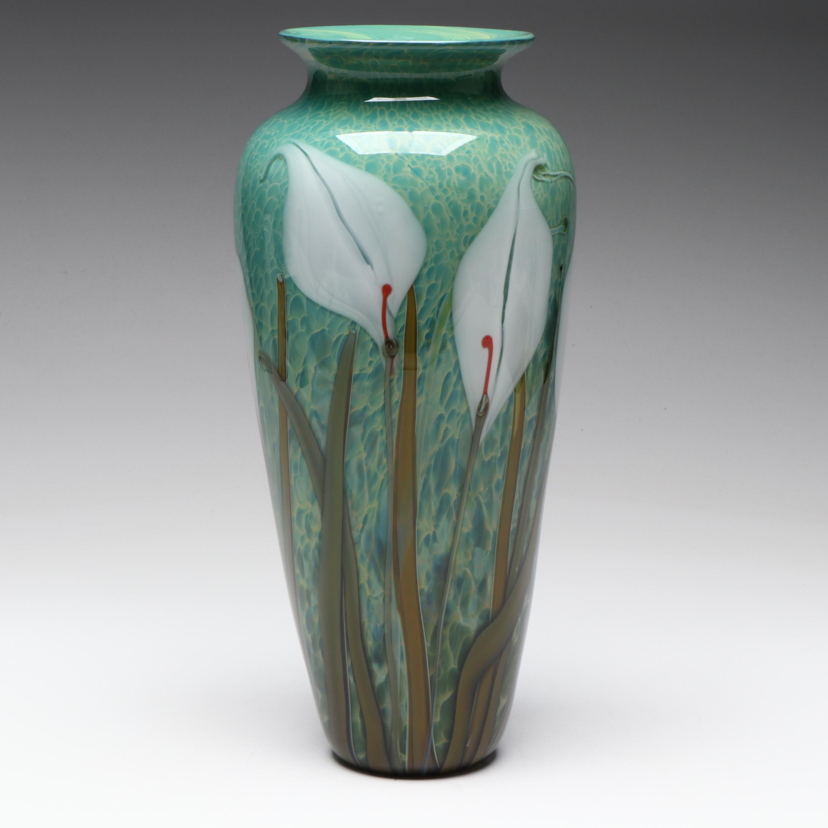 Richard Satava Handblown Floral Motif Studio Art Glass Vase, Late 20th Century