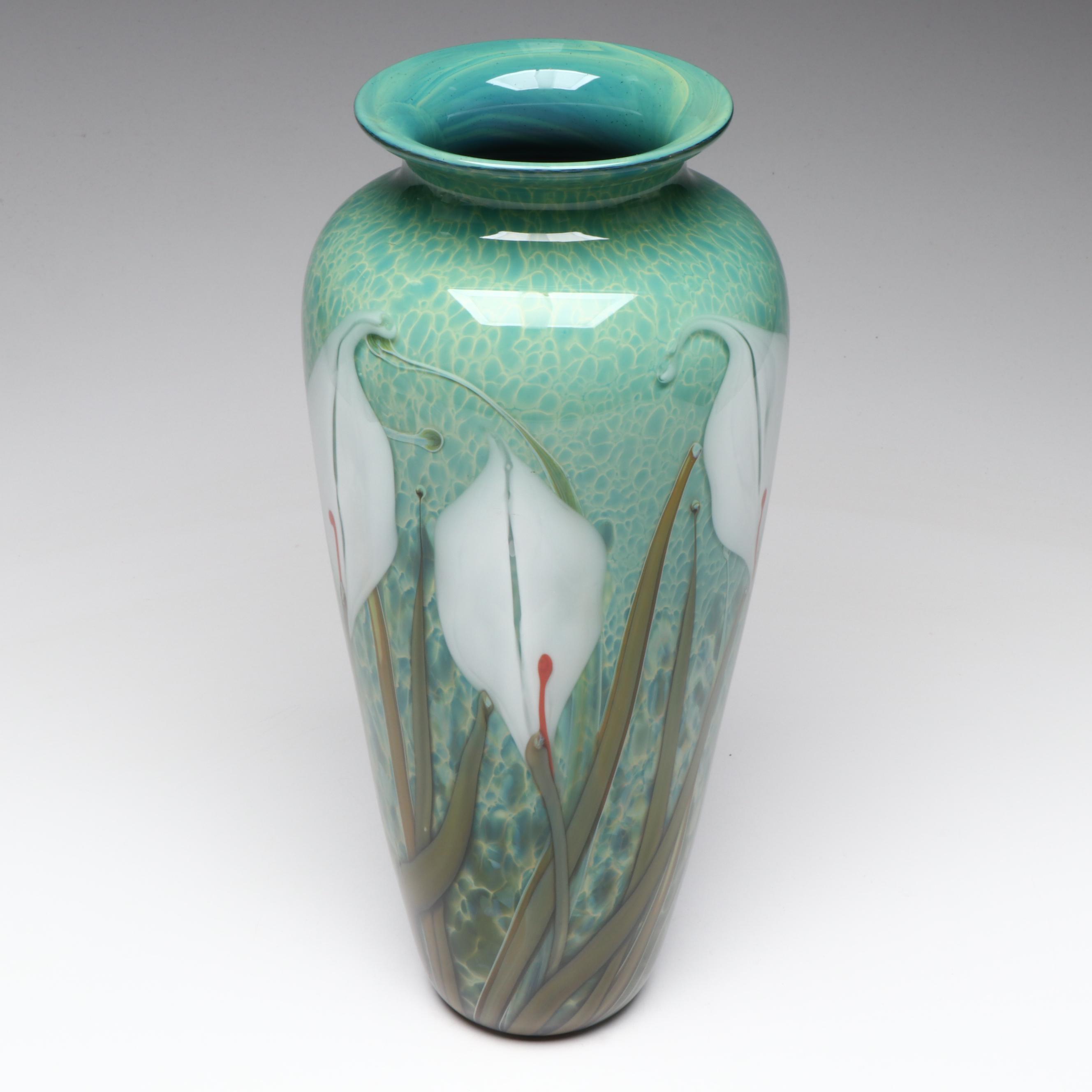 Richard Satava Handblown Floral Motif Studio Art Glass Vase, Late 20th Century
