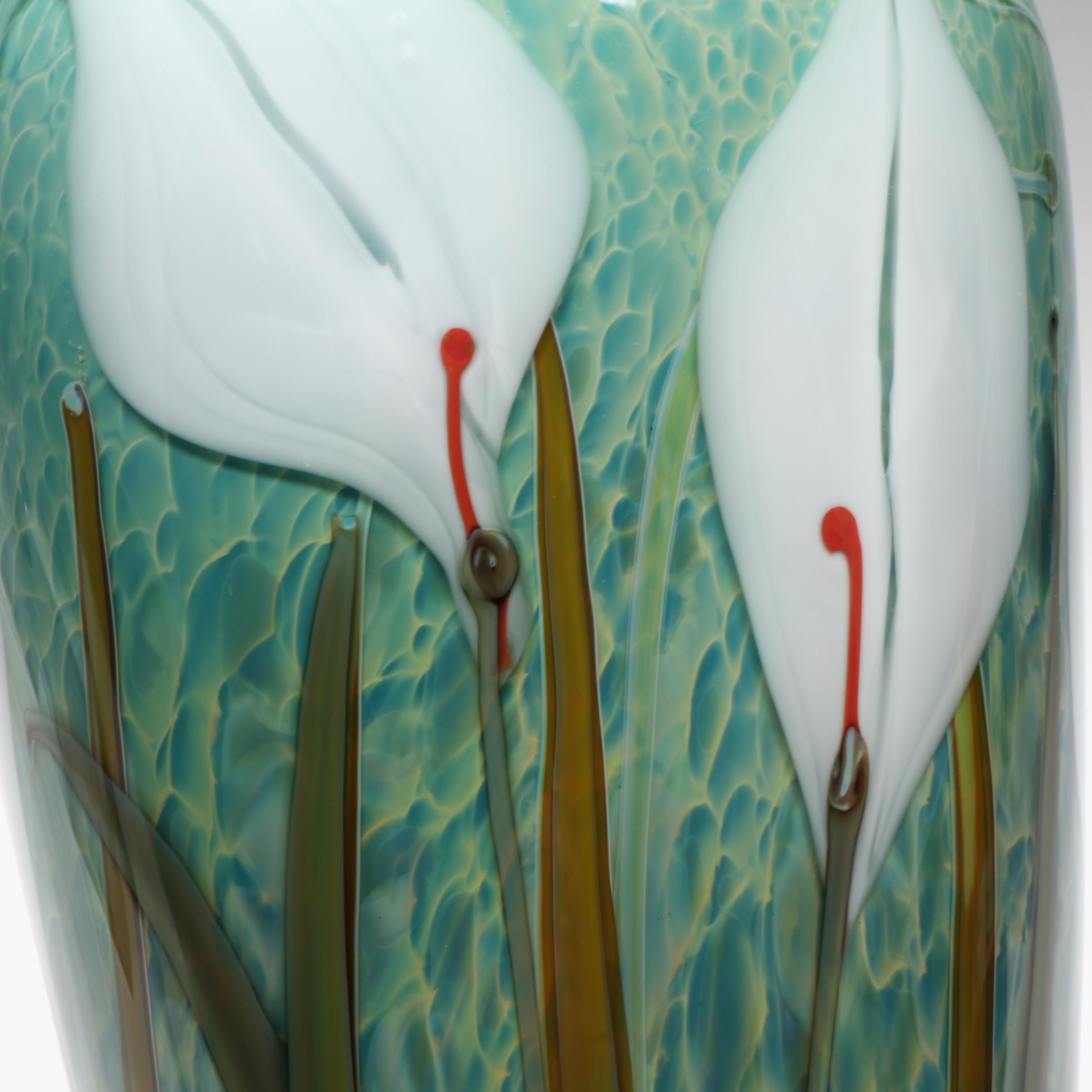 Richard Satava Handblown Floral Motif Studio Art Glass Vase, Late 20th Century