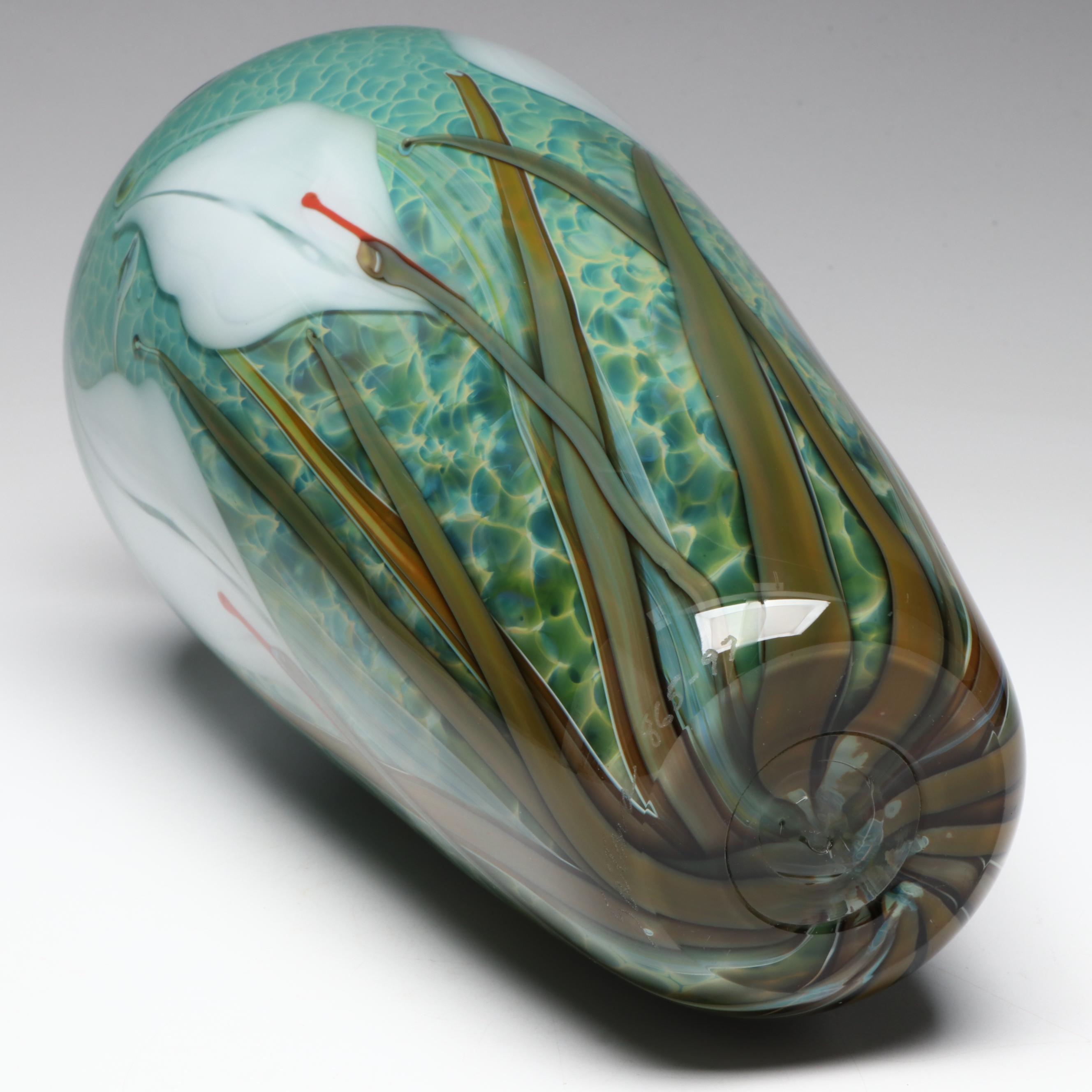 Richard Satava Handblown Floral Motif Studio Art Glass Vase, Late 20th Century