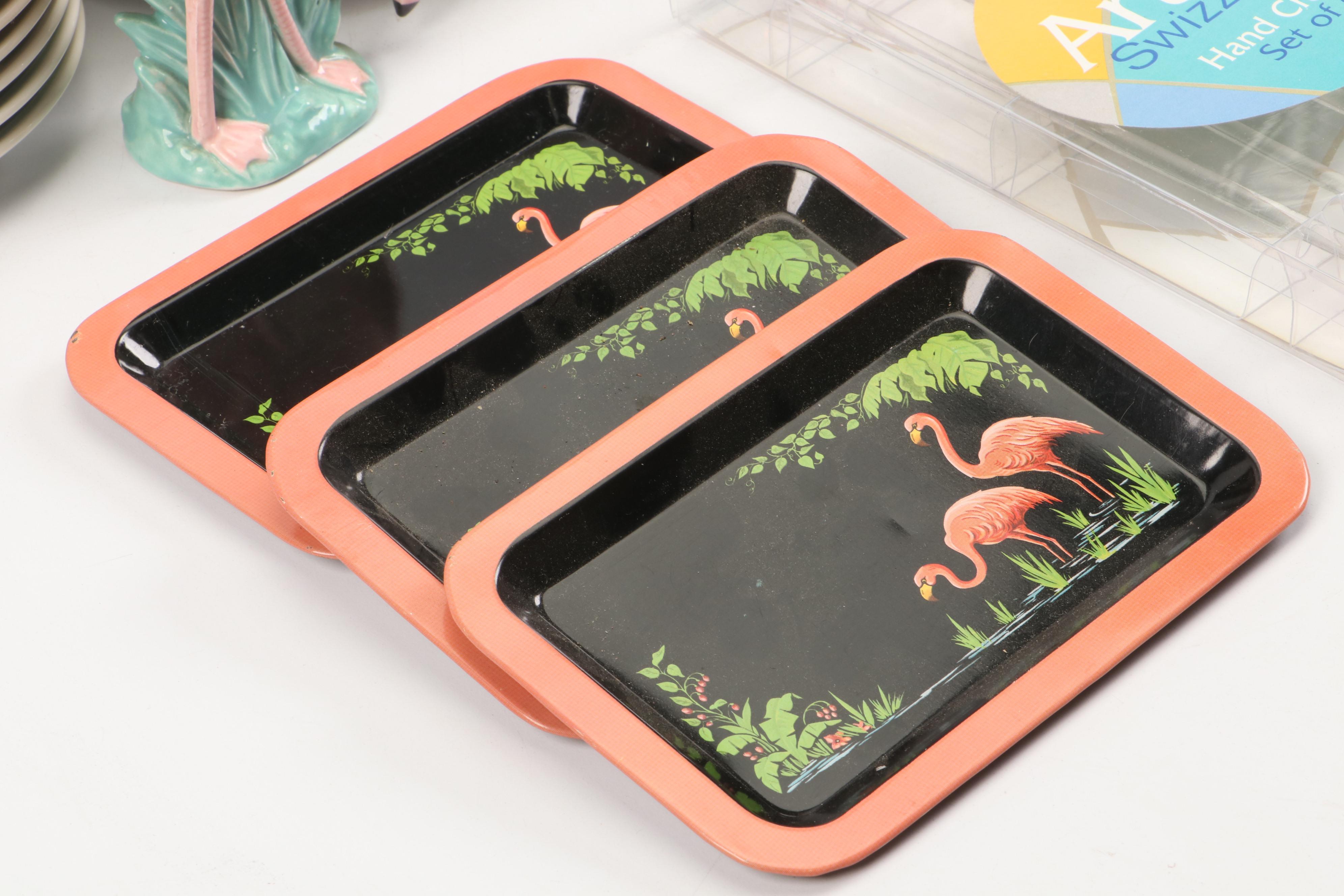 Vandor Flamingo Shakers with Mayer Plates, Glass Swizzle Sticks and More, 1985