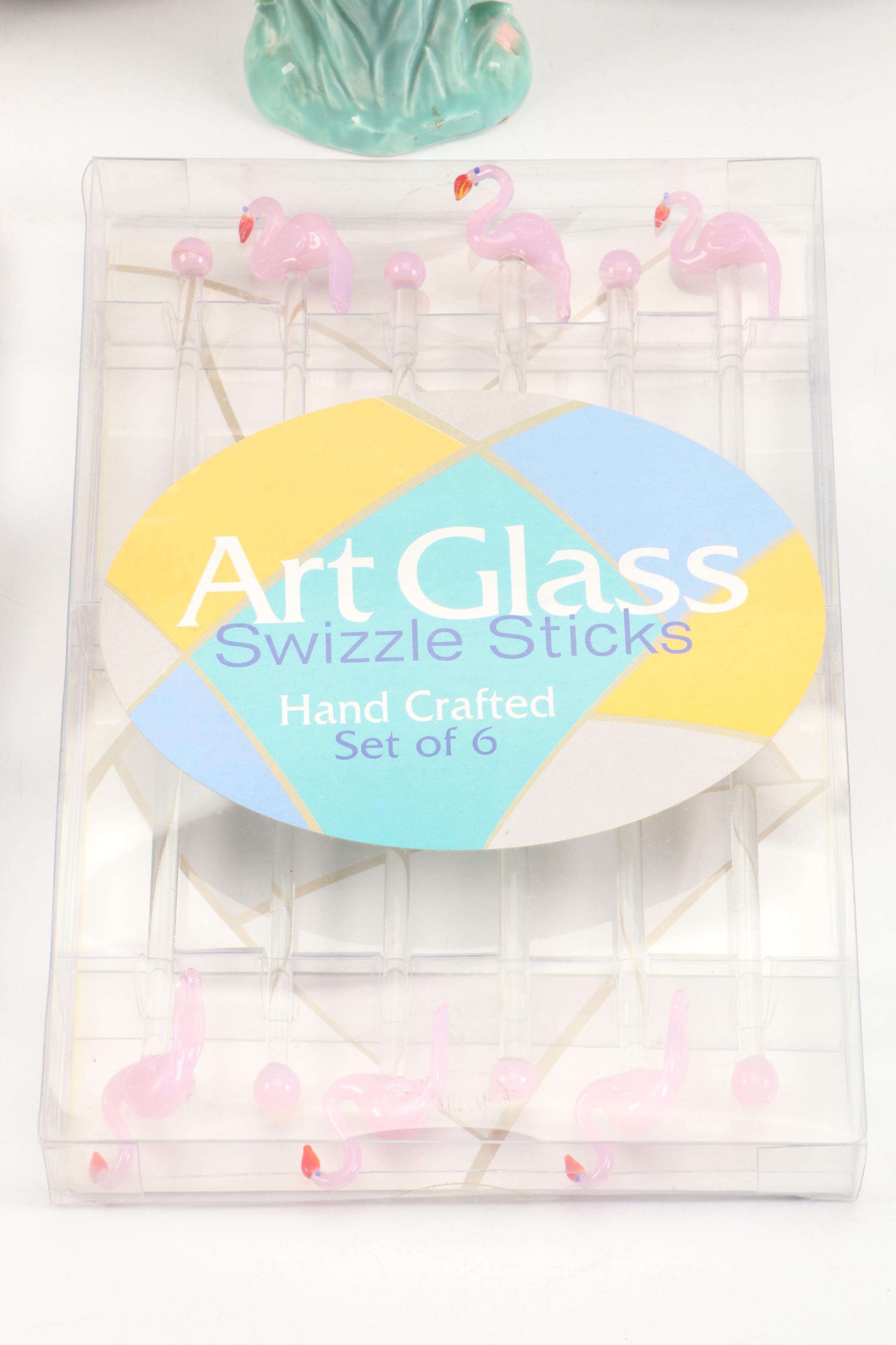 Vandor Flamingo Shakers with Mayer Plates, Glass Swizzle Sticks and More, 1985