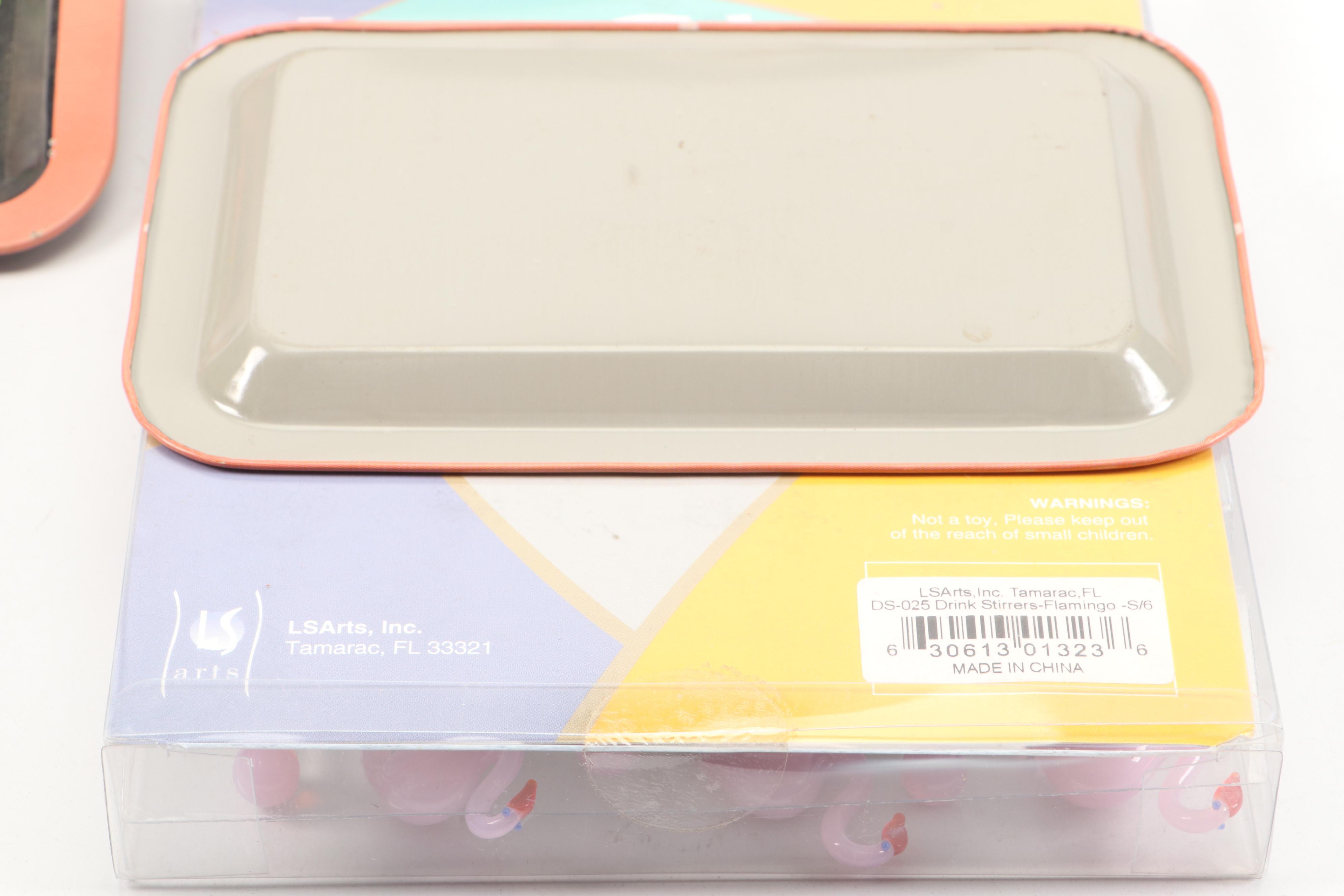 Vandor Flamingo Shakers with Mayer Plates, Glass Swizzle Sticks and More, 1985