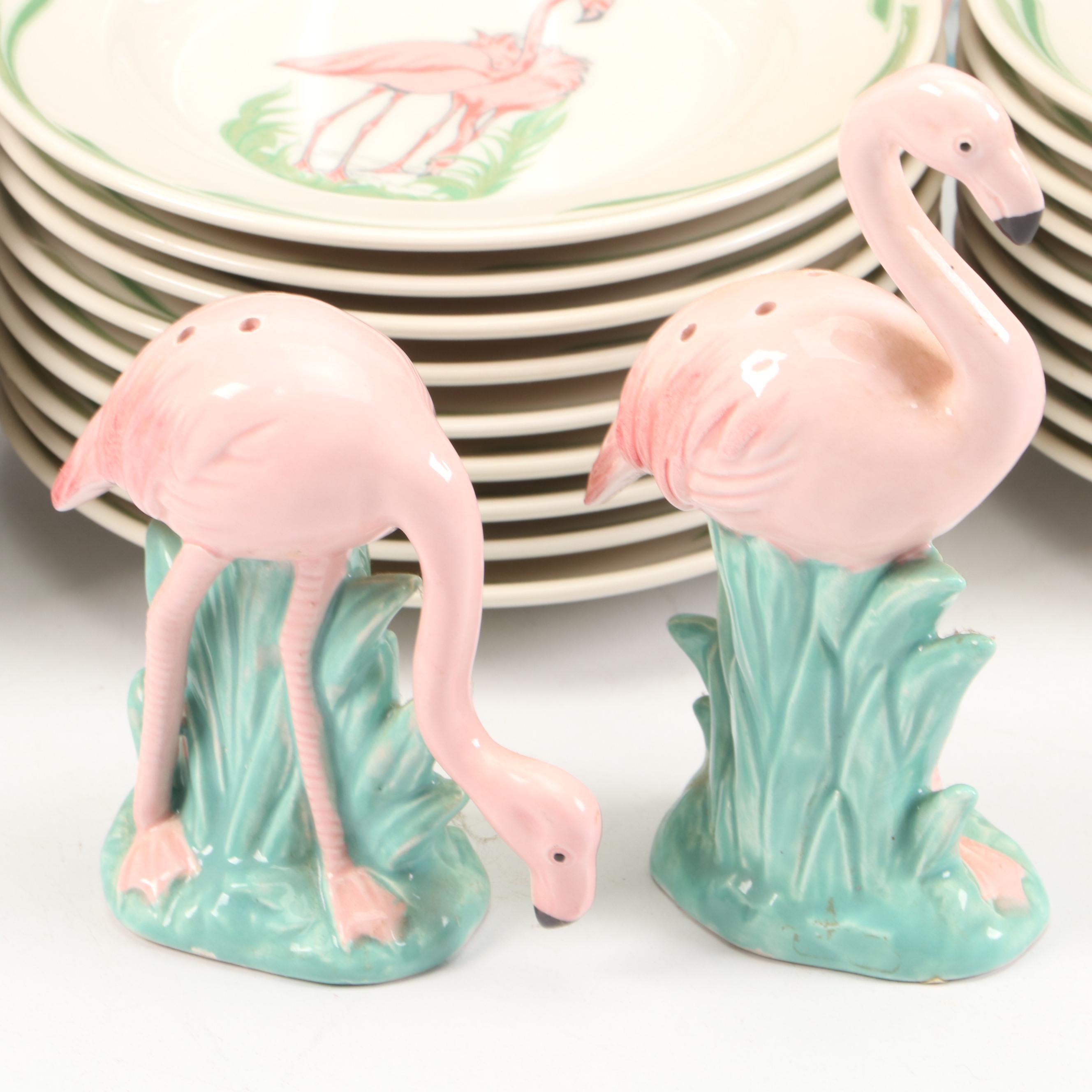 Vandor Flamingo Shakers with Mayer Plates, Glass Swizzle Sticks and More, 1985