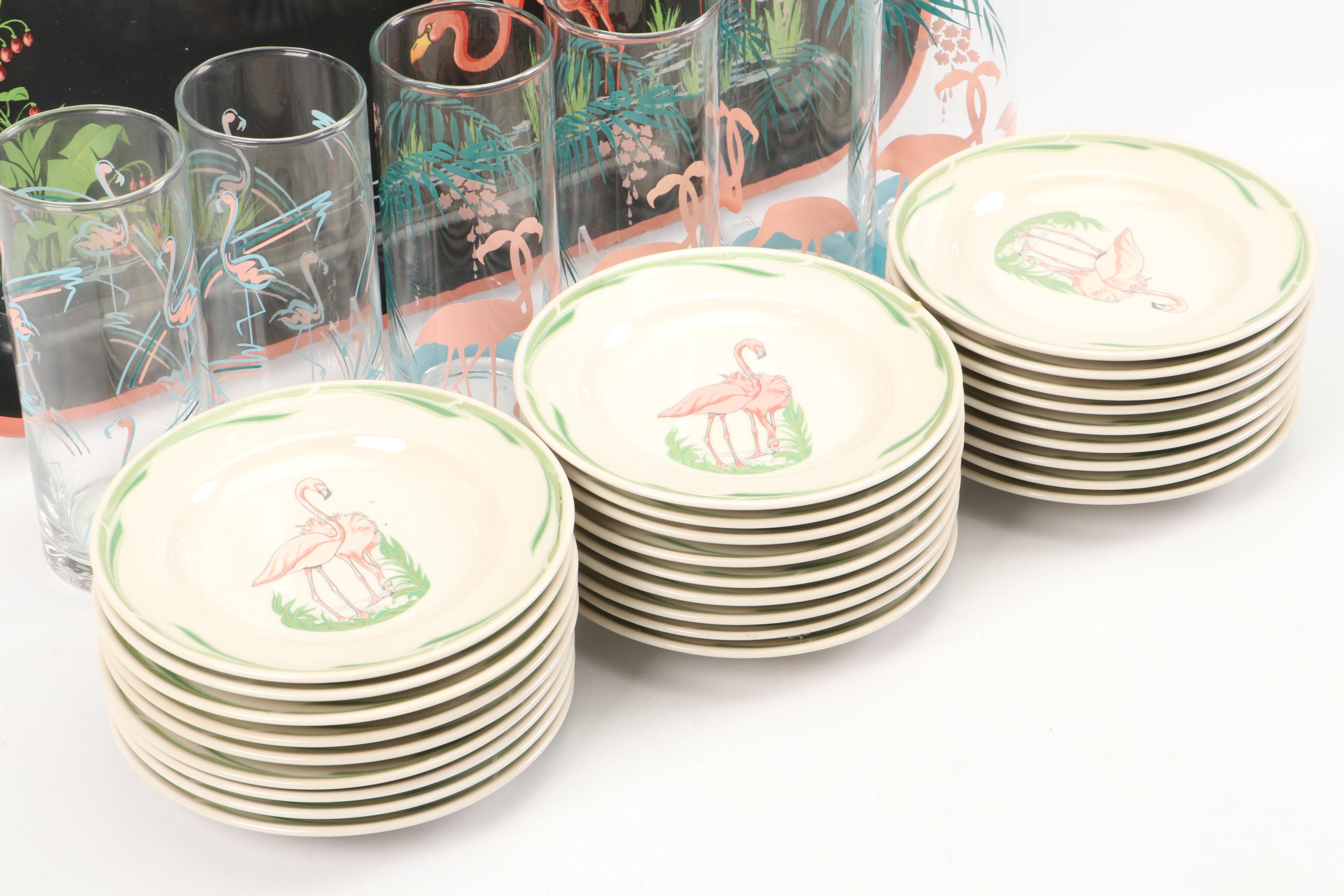 Vandor Flamingo Shakers with Mayer Plates, Glass Swizzle Sticks and More, 1985