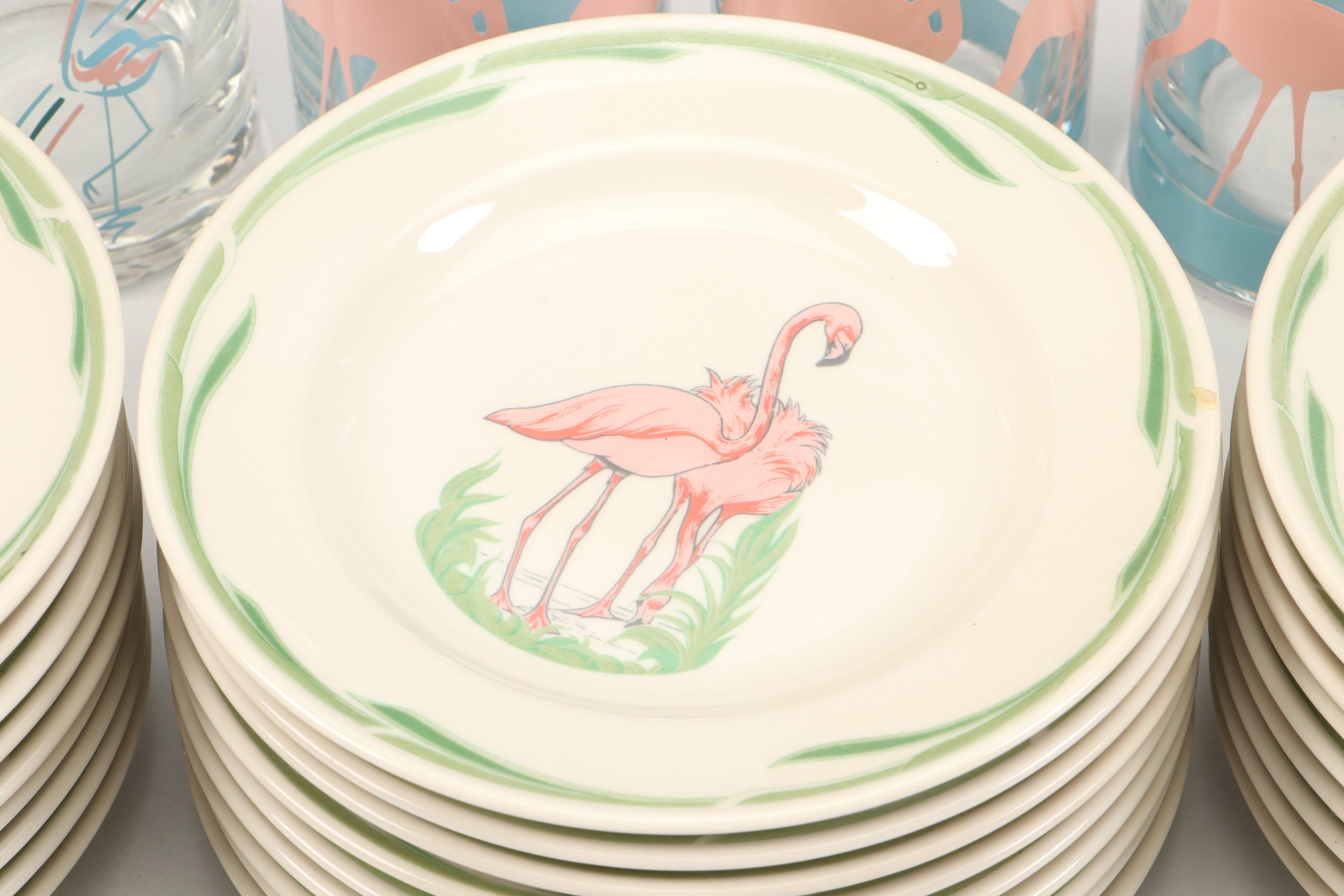 Vandor Flamingo Shakers with Mayer Plates, Glass Swizzle Sticks and More, 1985