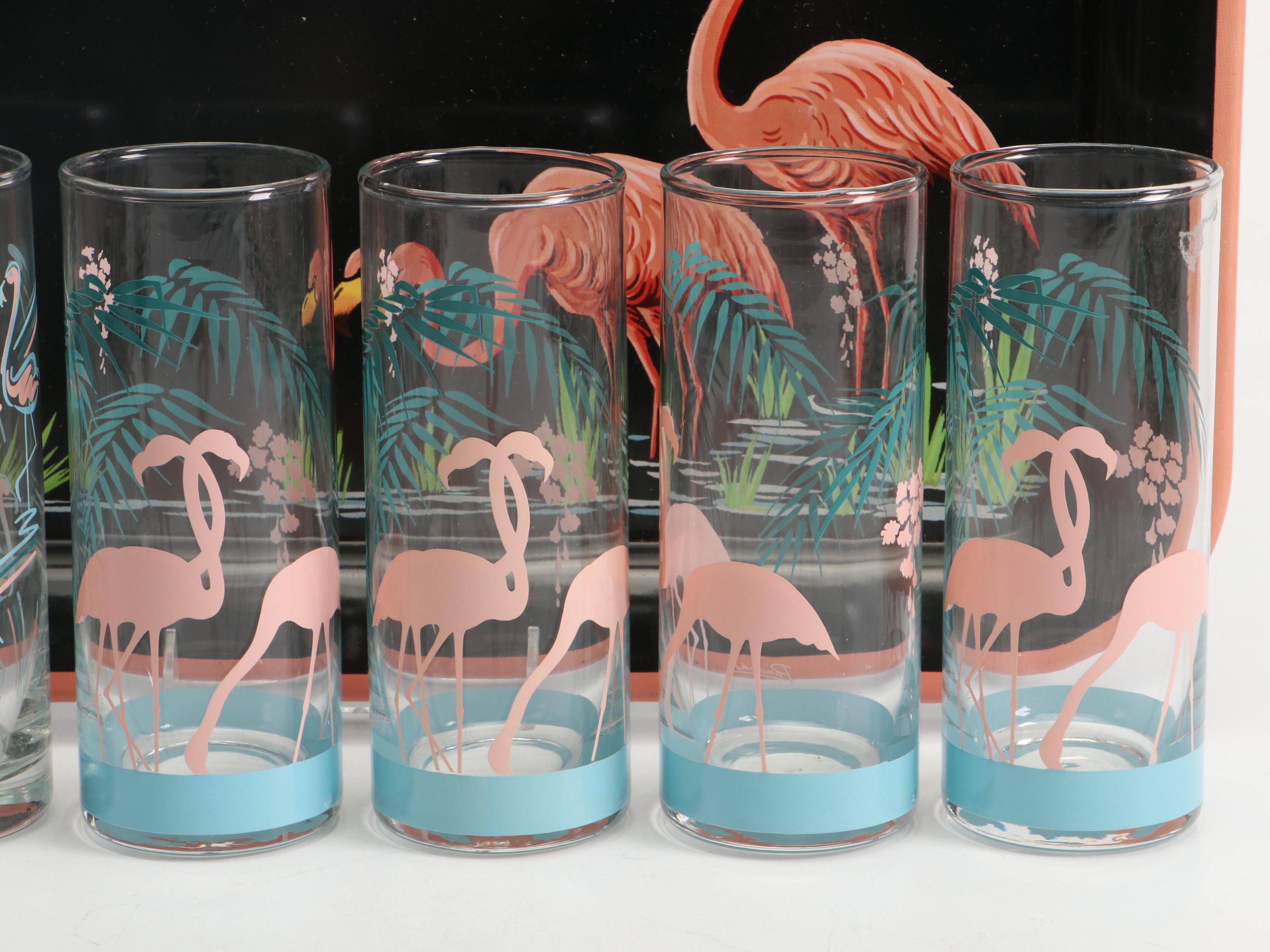 Vandor Flamingo Shakers with Mayer Plates, Glass Swizzle Sticks and More, 1985