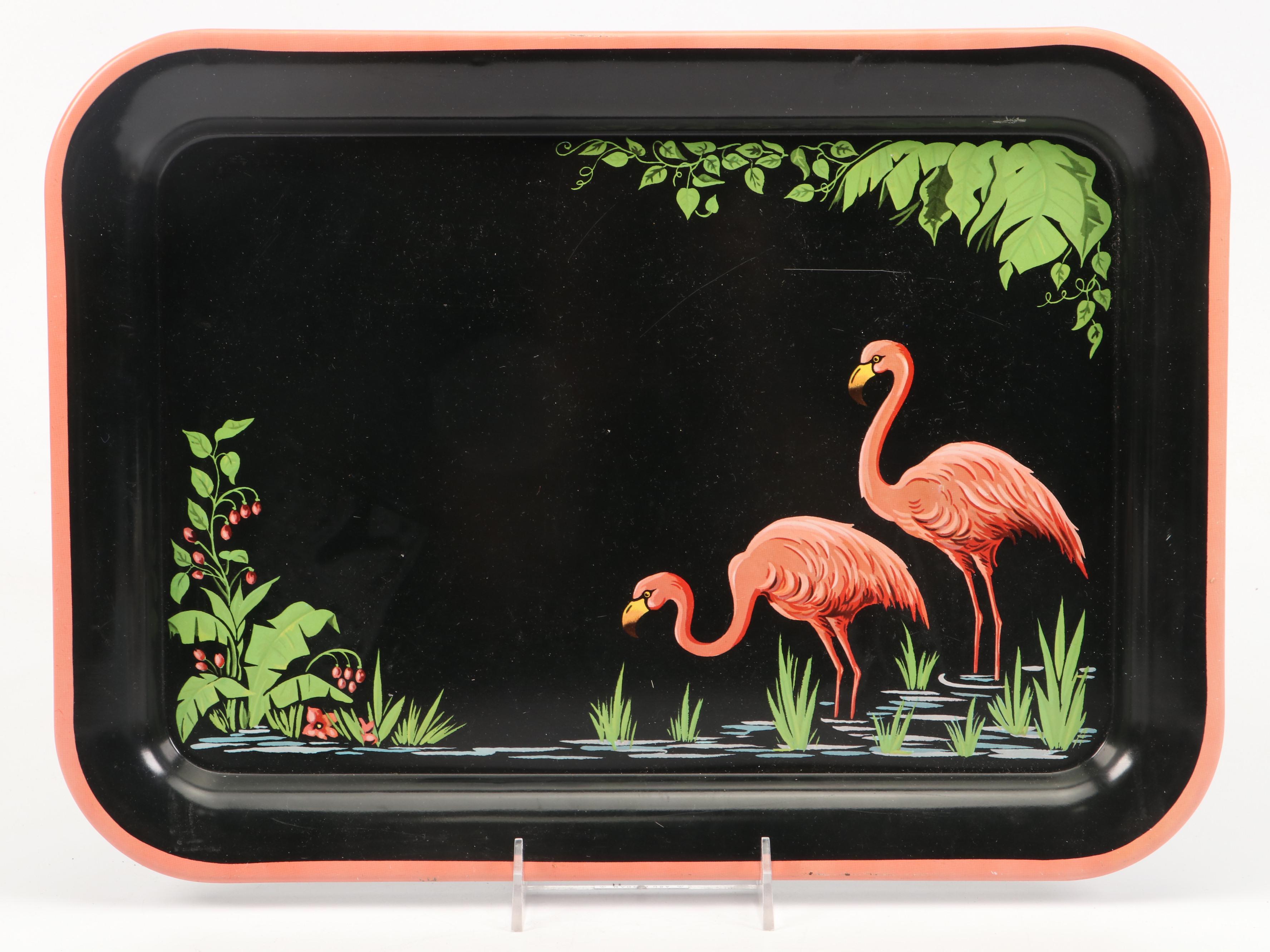 Vandor Flamingo Shakers with Mayer Plates, Glass Swizzle Sticks and More, 1985