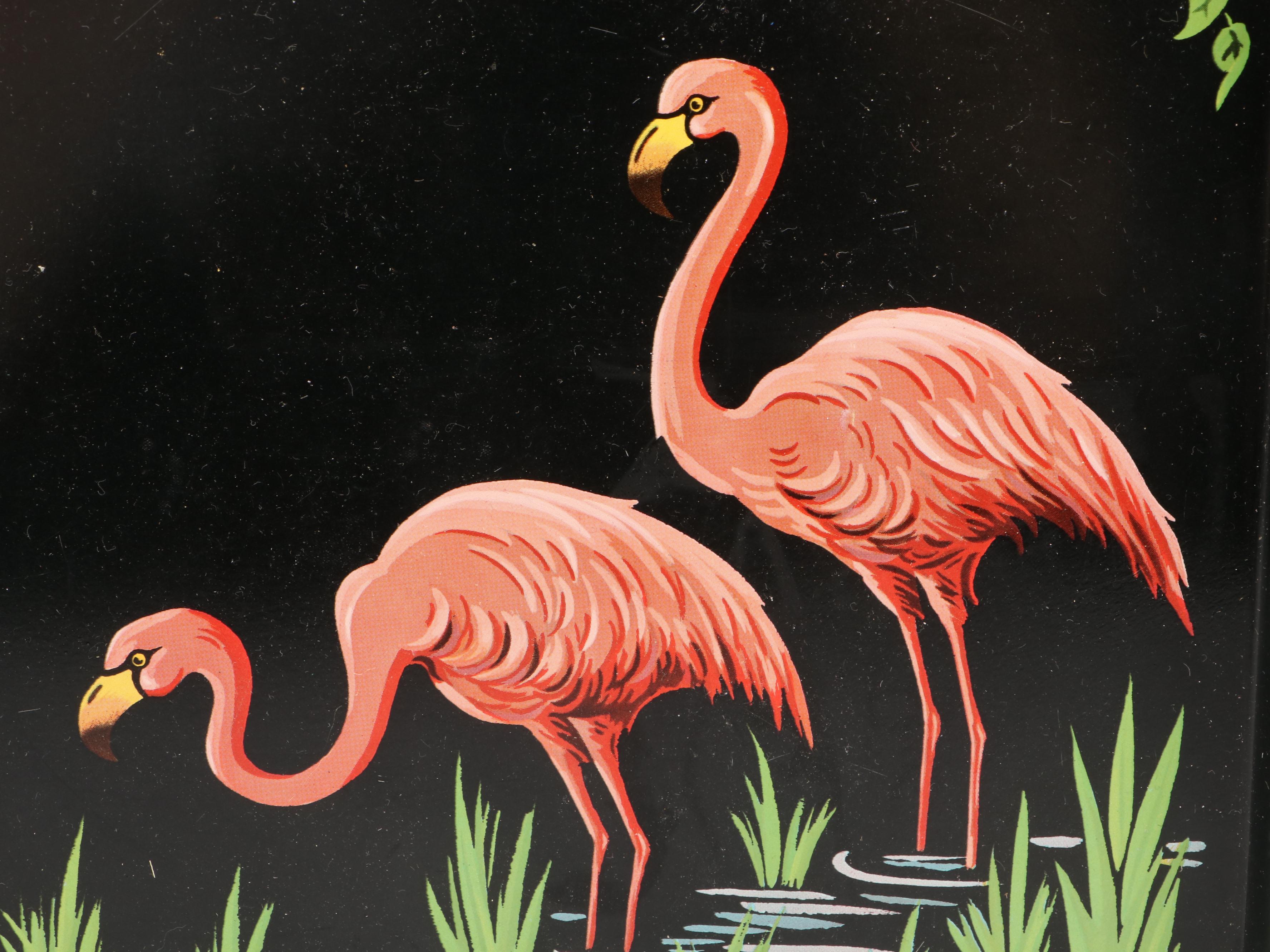 Vandor Flamingo Shakers with Mayer Plates, Glass Swizzle Sticks and More, 1985