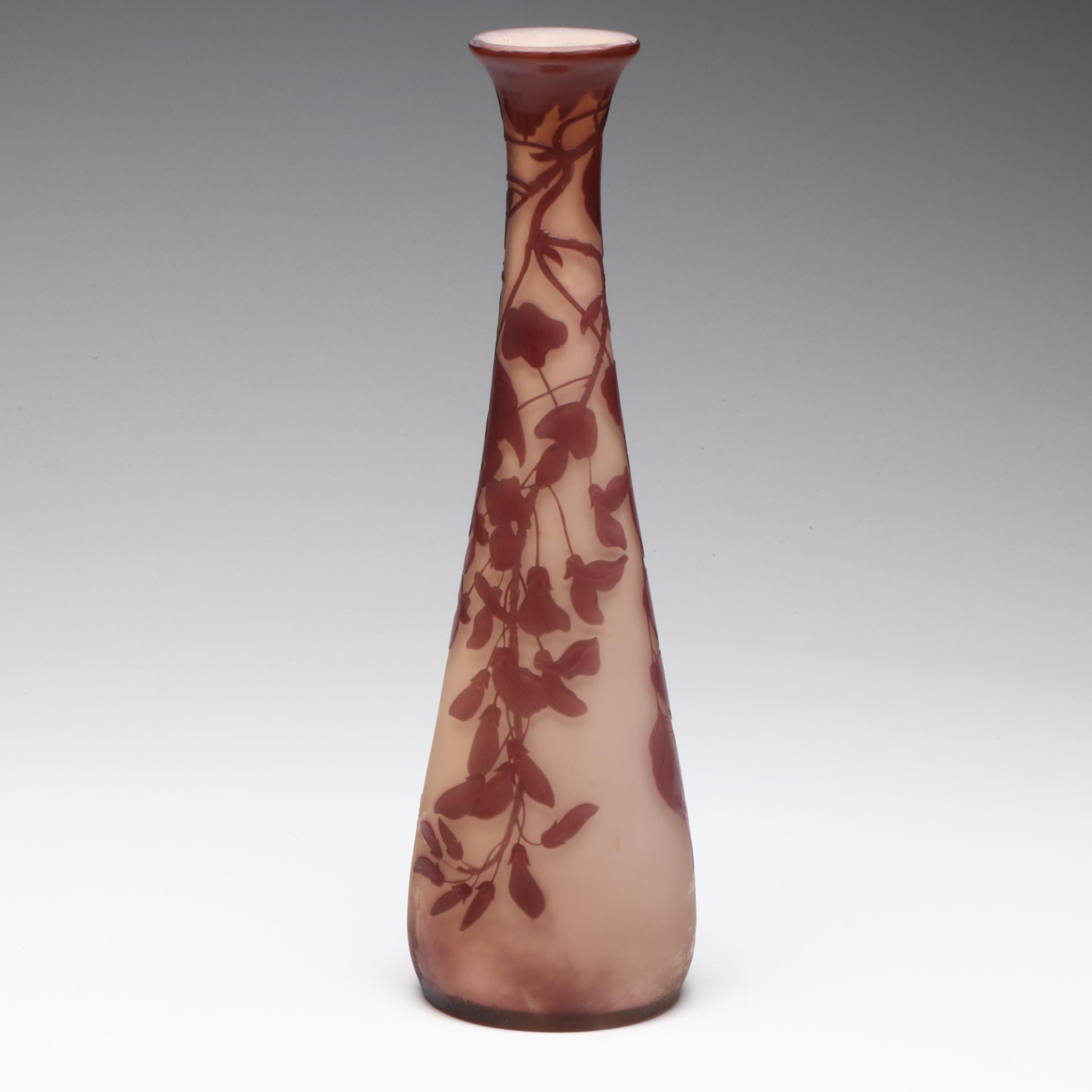 Gallé Art Nouveau Cameo Cut Wisteria Art Glass Vase, Early 20th Century