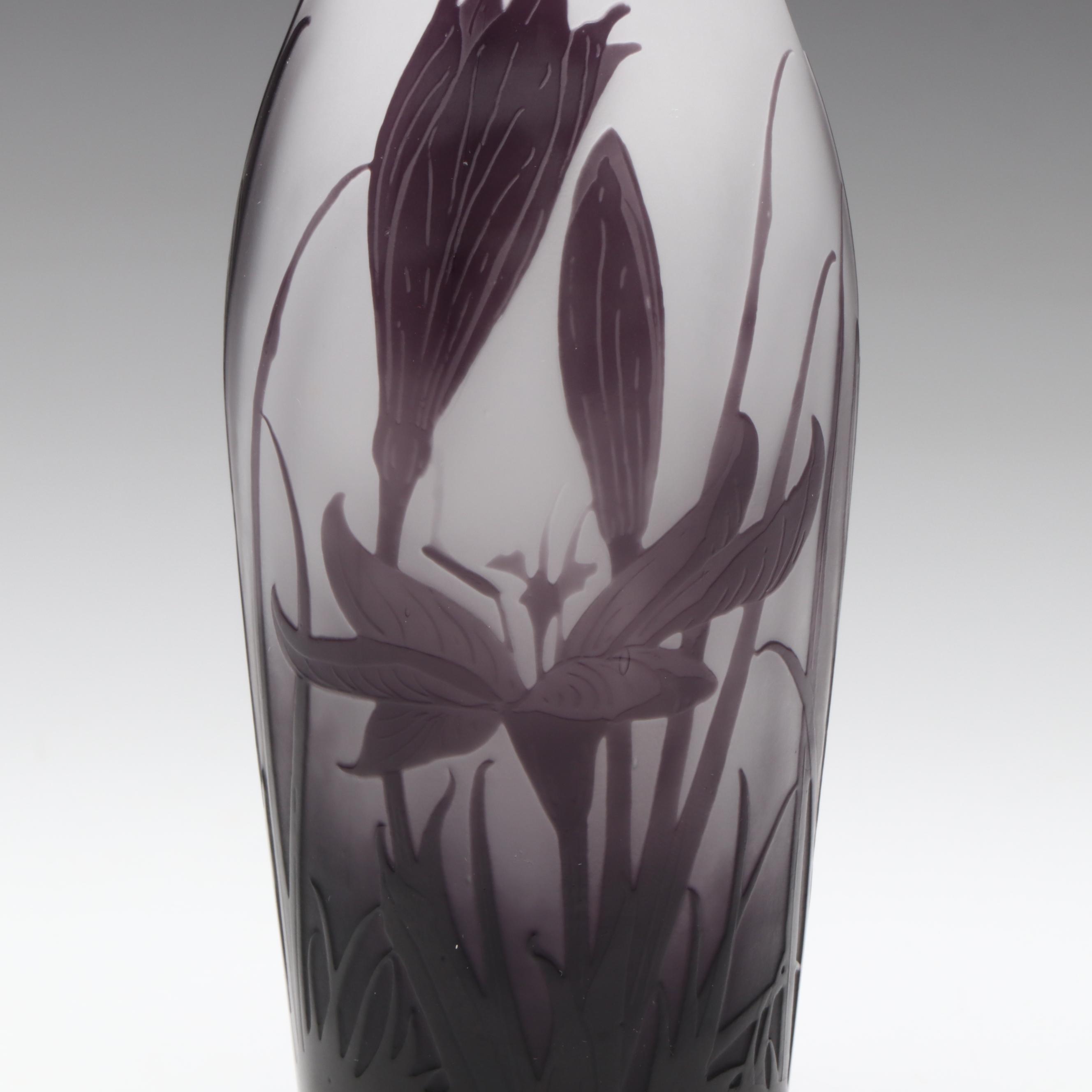 Gallé Art Nouveau Cameo Cut Floral and Foliate Art Glass Vase, Early 20th C.