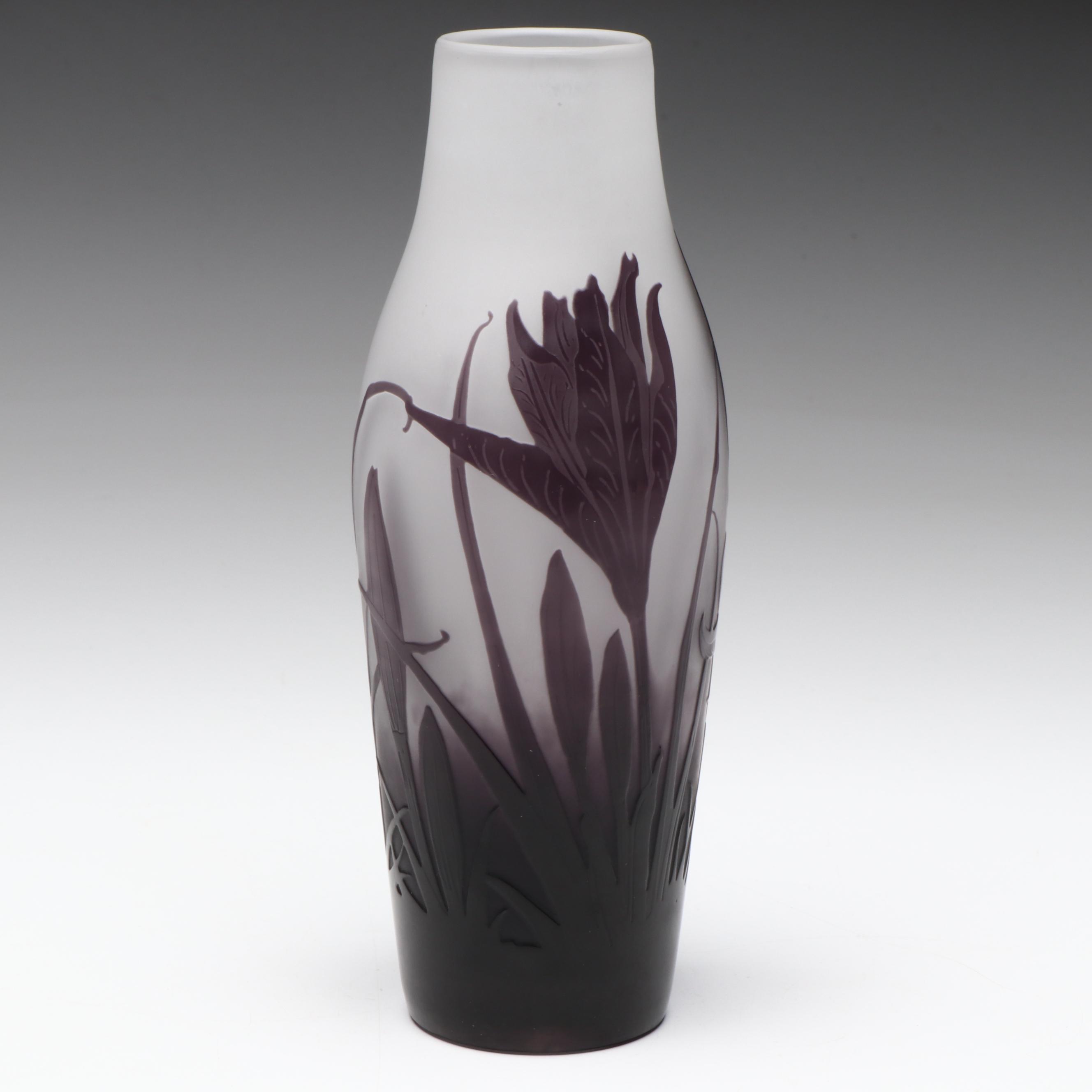 Gallé Art Nouveau Cameo Cut Floral and Foliate Art Glass Vase, Early 20th C.