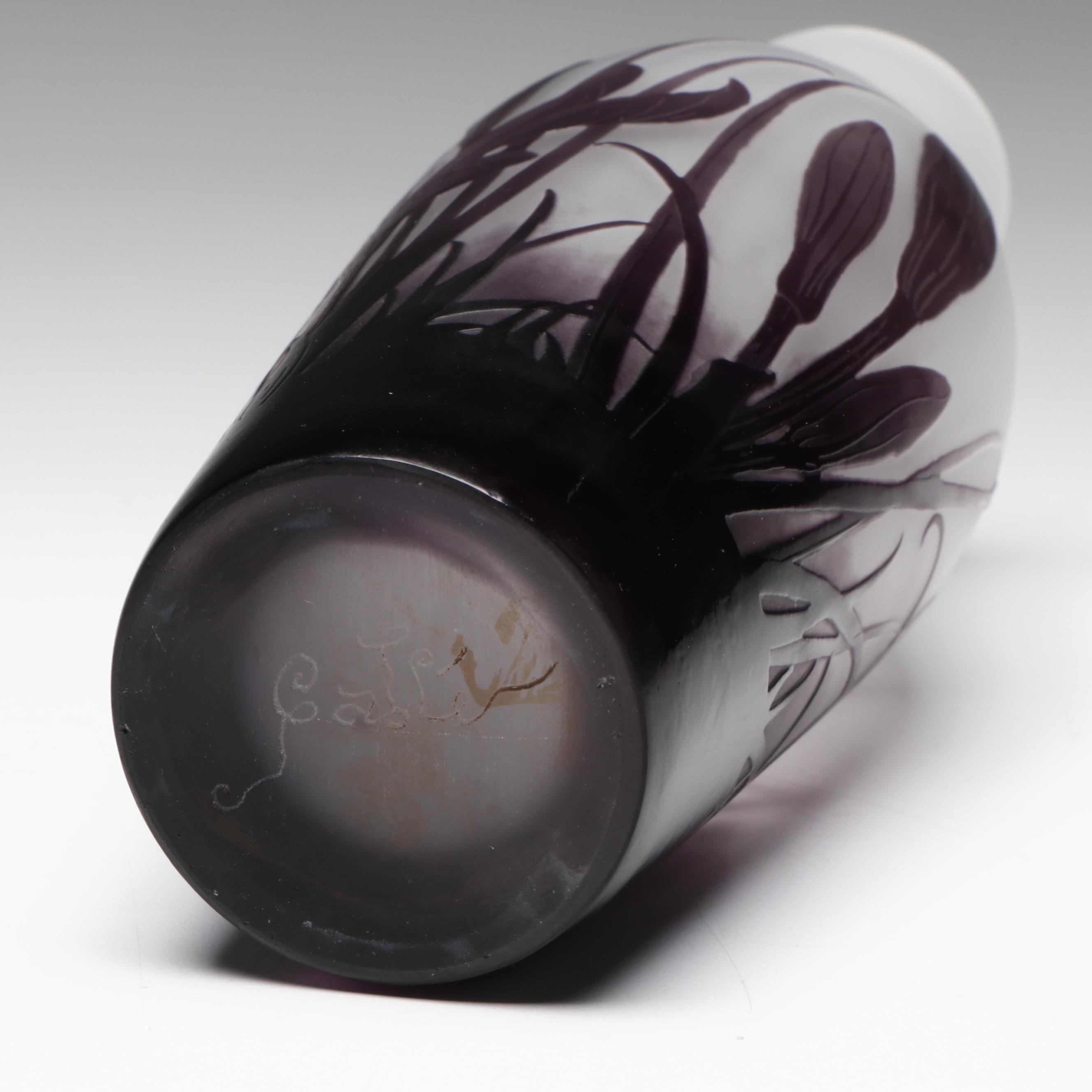 Gallé Art Nouveau Cameo Cut Floral and Foliate Art Glass Vase, Early 20th C.