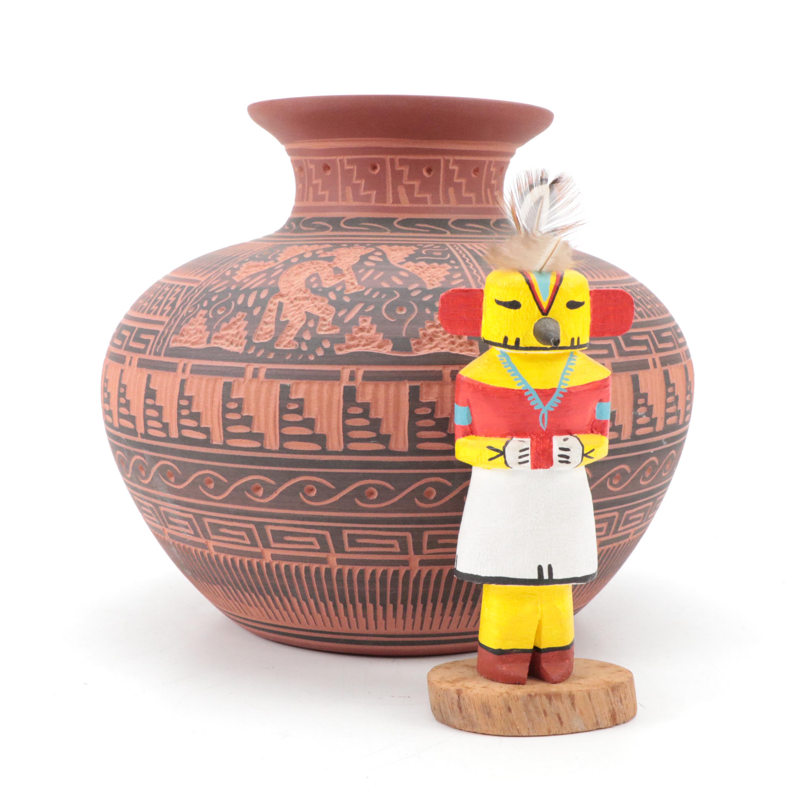 Clarice Eskeets Navajo Diné Earthenware Vase with Tewa Hummingbird Kachina Doll