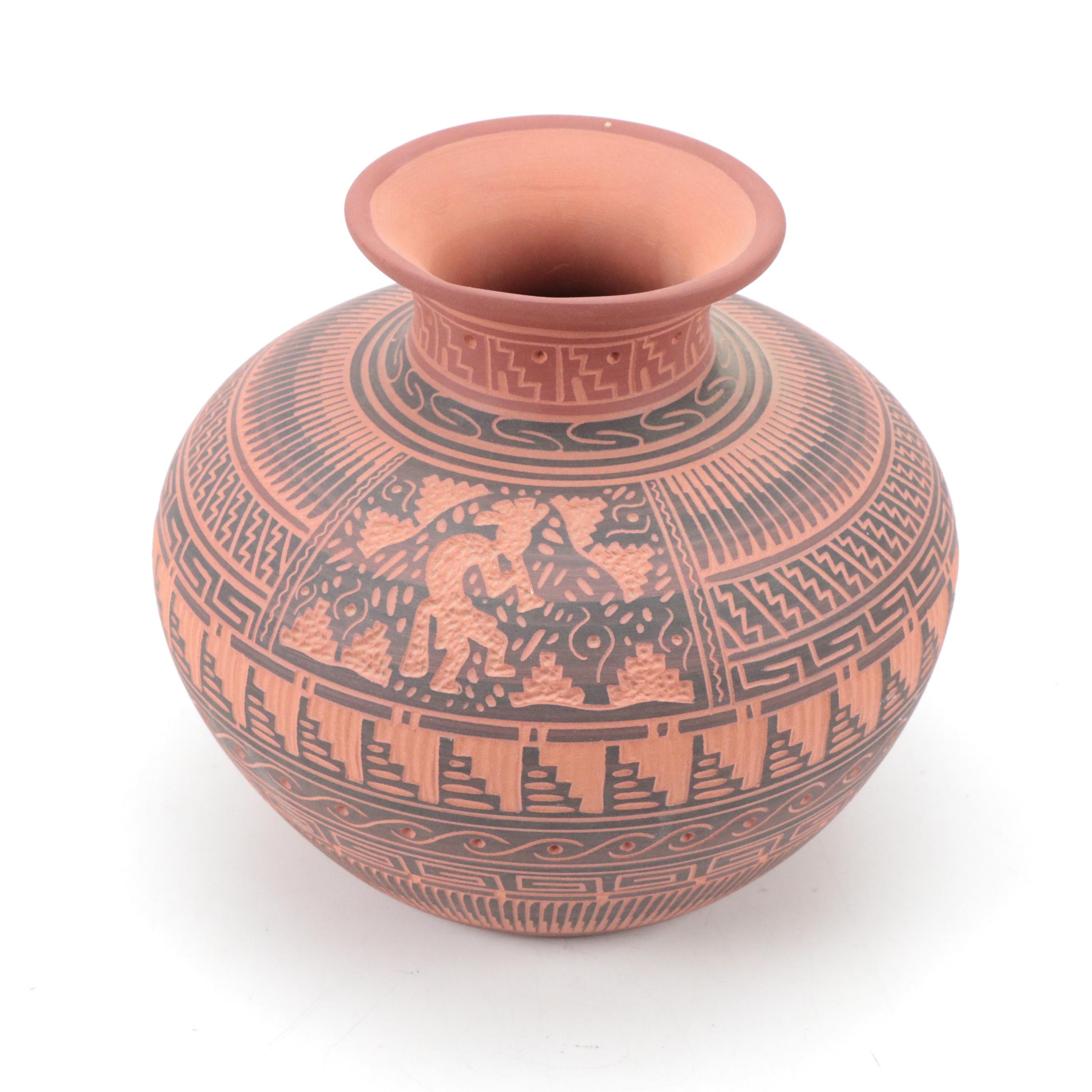 Clarice Eskeets Navajo Diné Earthenware Vase with Tewa Hummingbird Kachina Doll