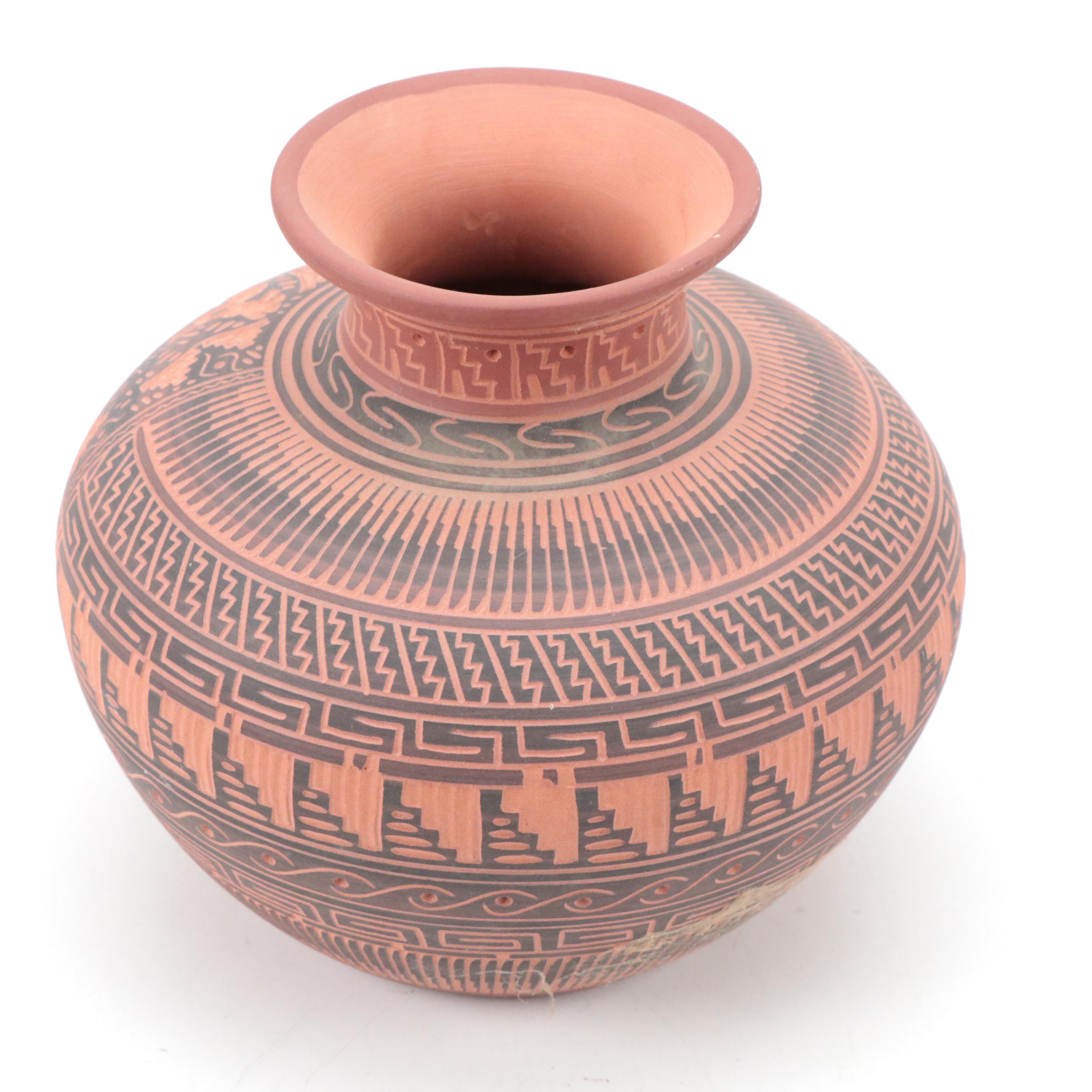 Clarice Eskeets Navajo Diné Earthenware Vase with Tewa Hummingbird Kachina Doll