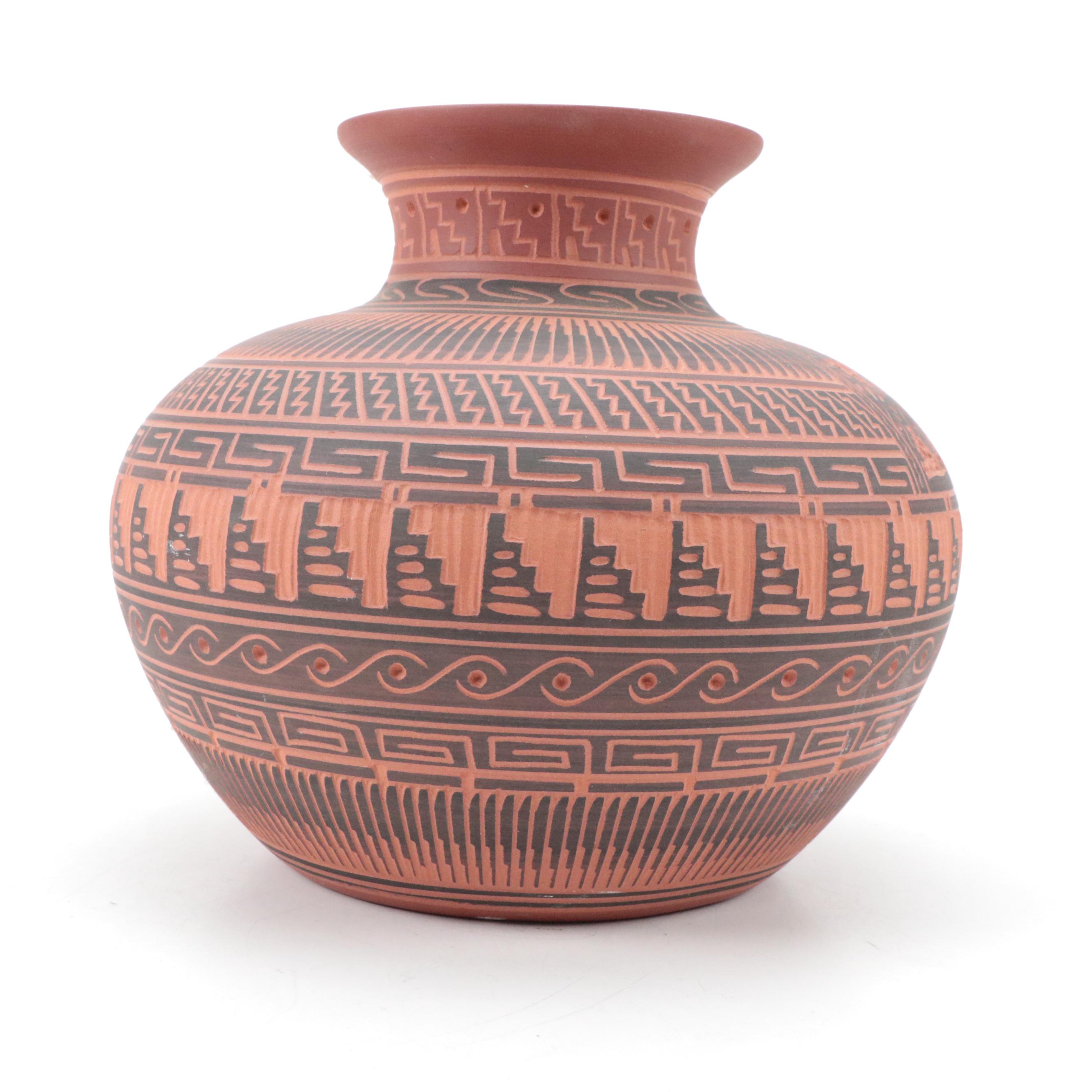 Clarice Eskeets Navajo Diné Earthenware Vase with Tewa Hummingbird Kachina Doll