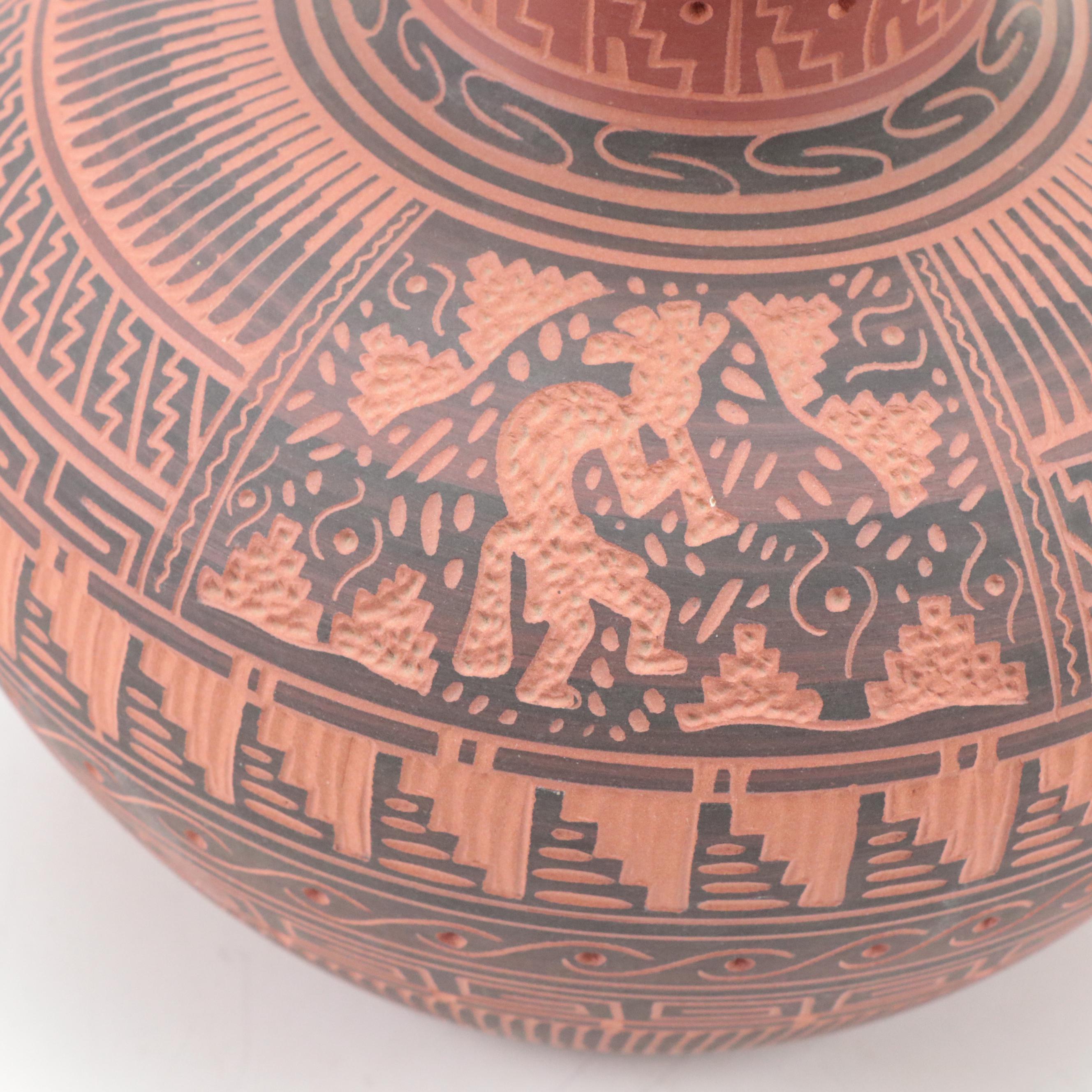 Clarice Eskeets Navajo Diné Earthenware Vase with Tewa Hummingbird Kachina Doll