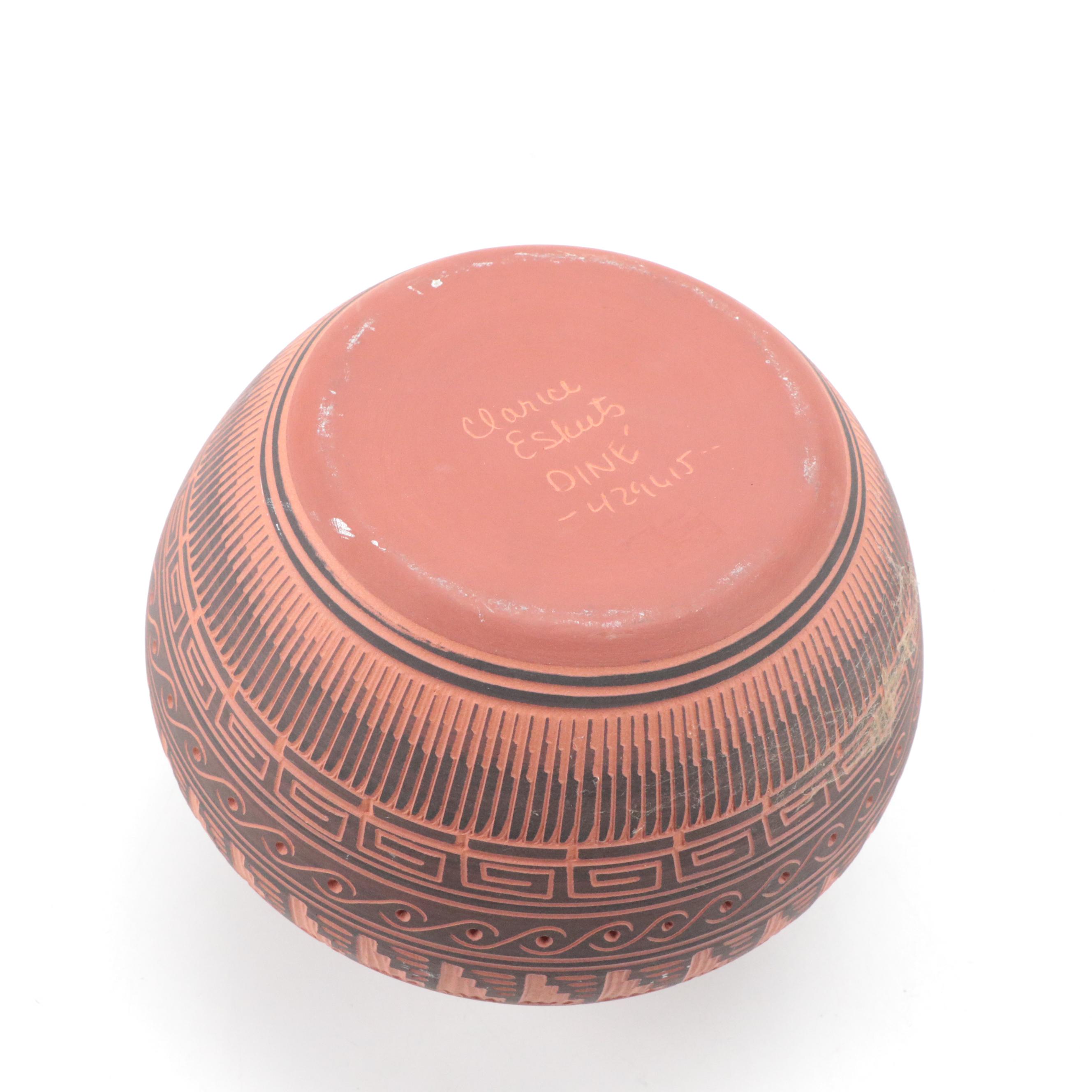 Clarice Eskeets Navajo Diné Earthenware Vase with Tewa Hummingbird Kachina Doll