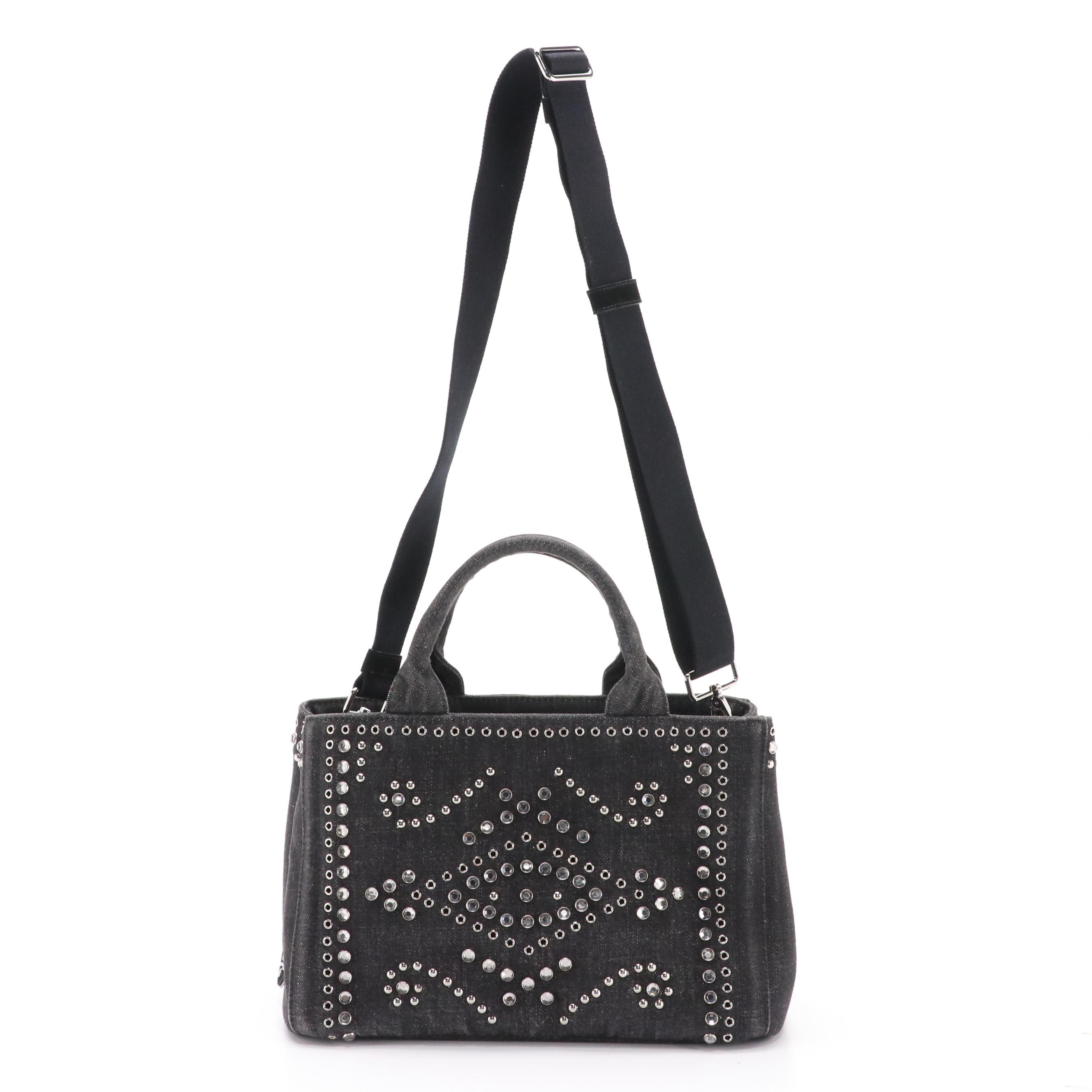 Prada Canapa Studded and Rhinestone Embellished Denim Two-Way Bag