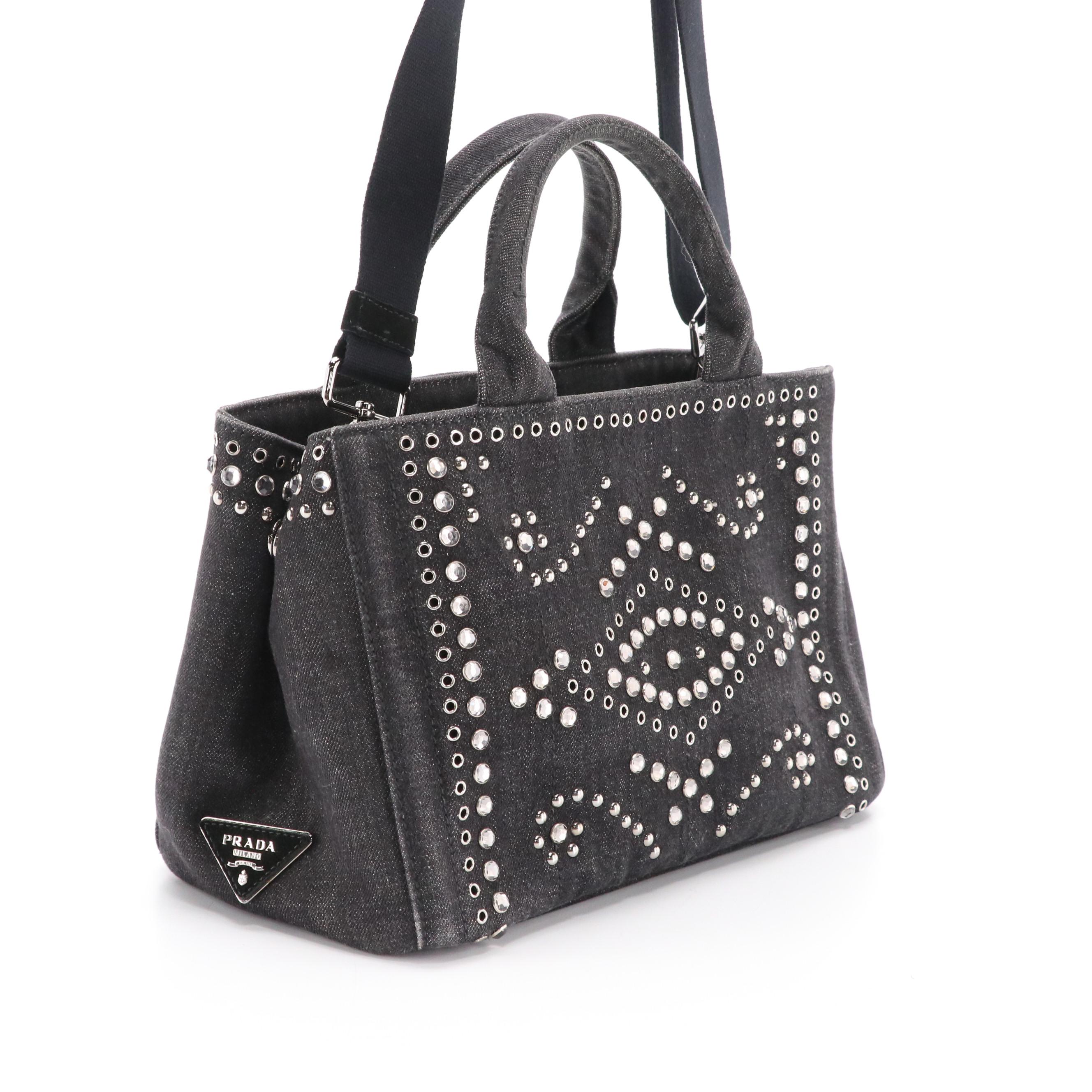 Prada Canapa Studded and Rhinestone Embellished Denim Two-Way Bag