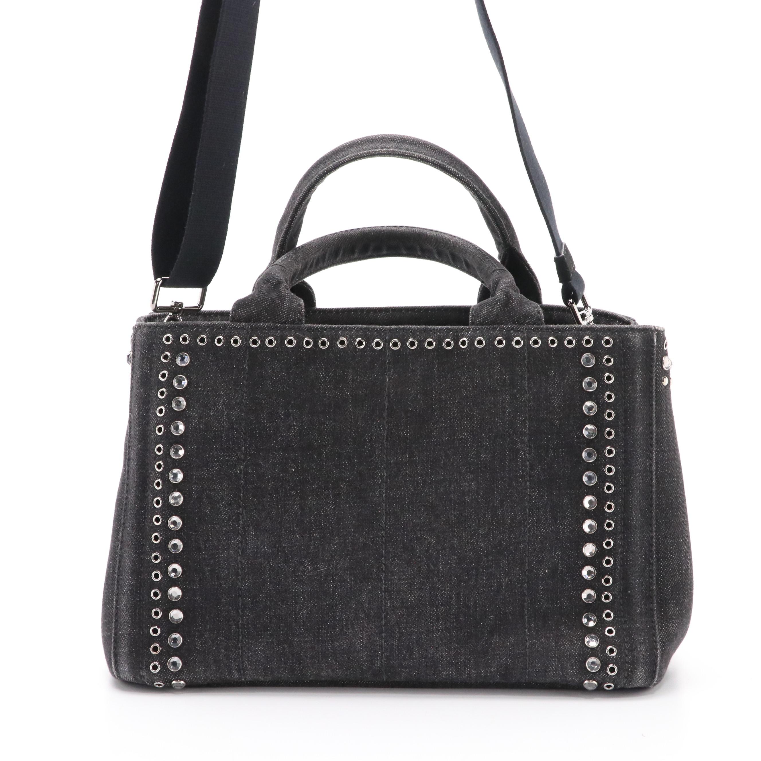 Prada Canapa Studded and Rhinestone Embellished Denim Two-Way Bag