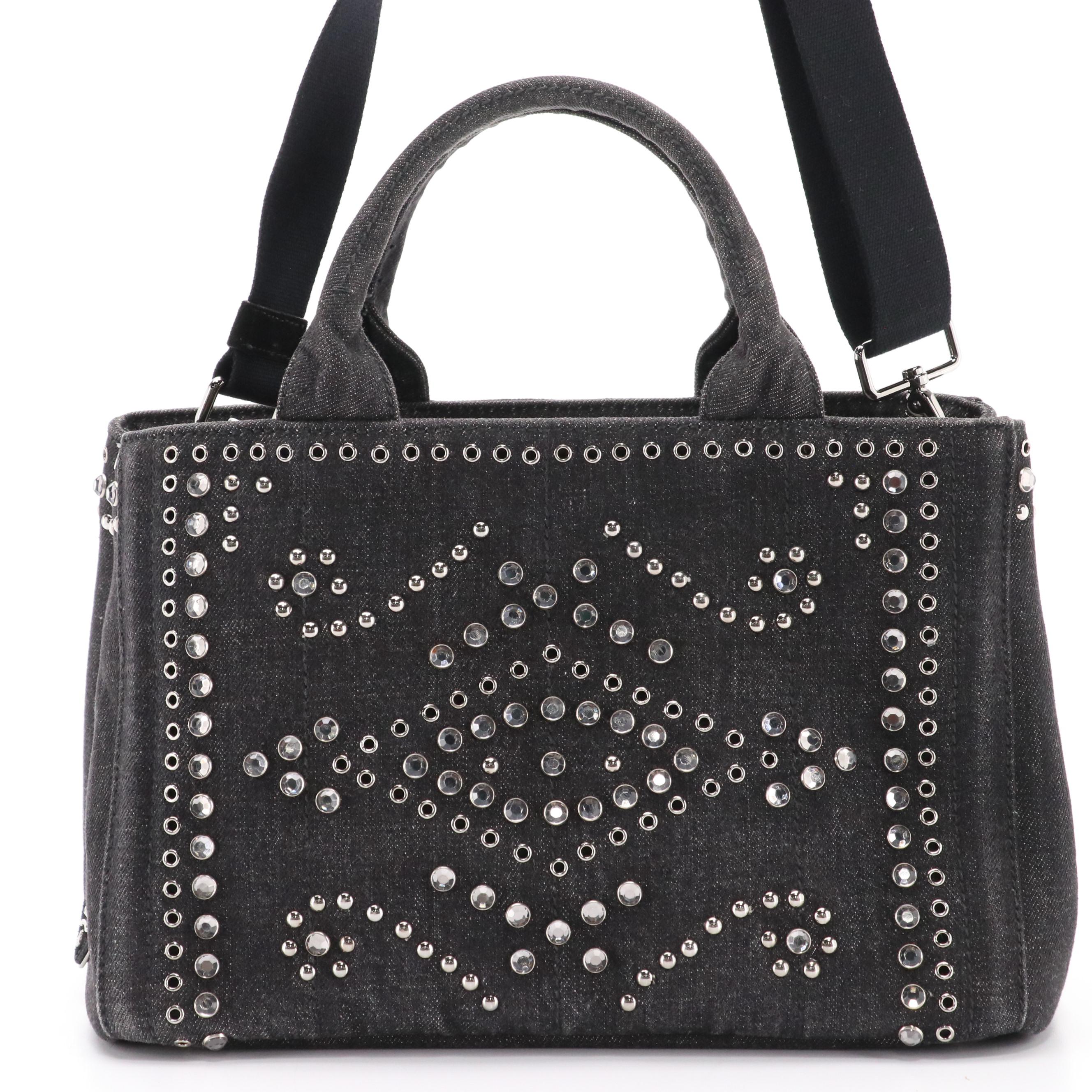 Prada Canapa Studded and Rhinestone Embellished Denim Two-Way Bag