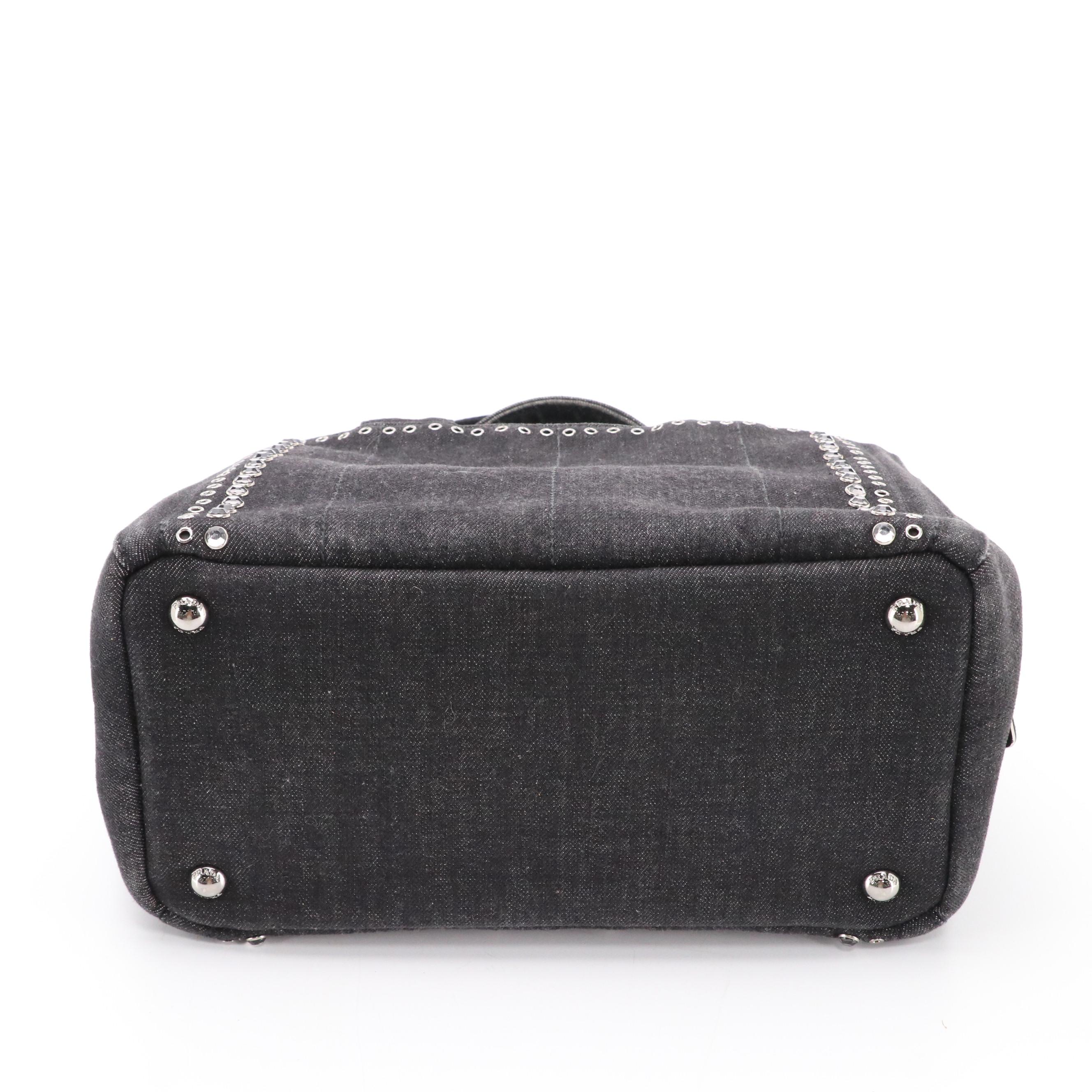 Prada Canapa Studded and Rhinestone Embellished Denim Two-Way Bag
