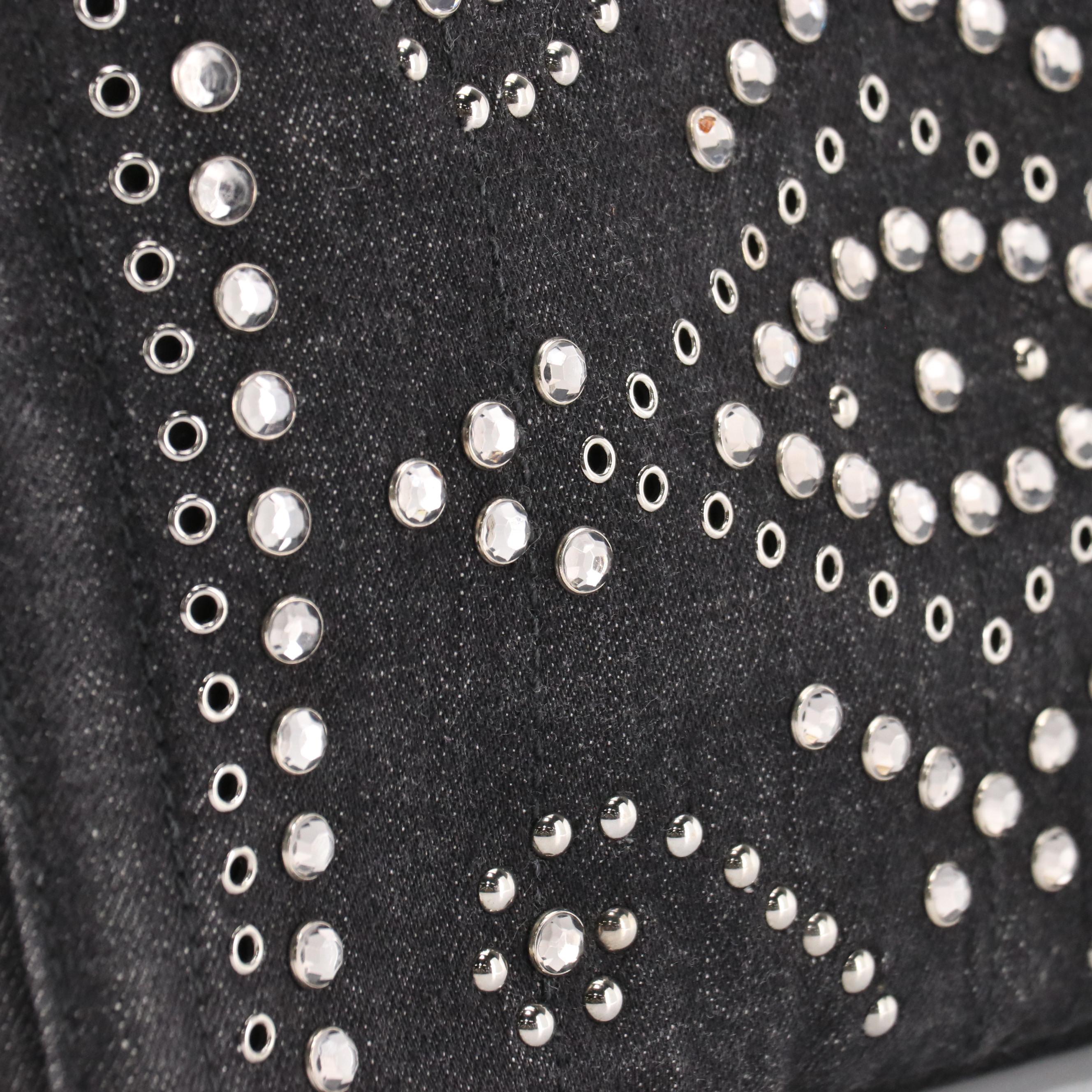 Prada Canapa Studded and Rhinestone Embellished Denim Two-Way Bag