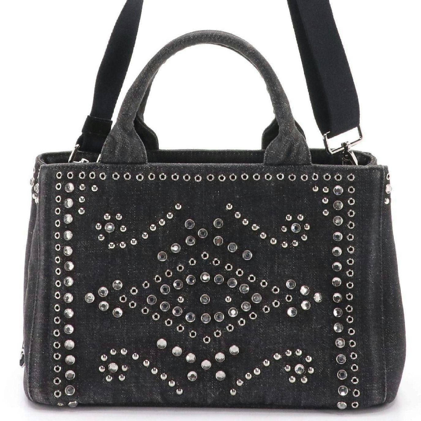 Prada Canapa Studded and Rhinestone Embellished Denim Two-Way Bag