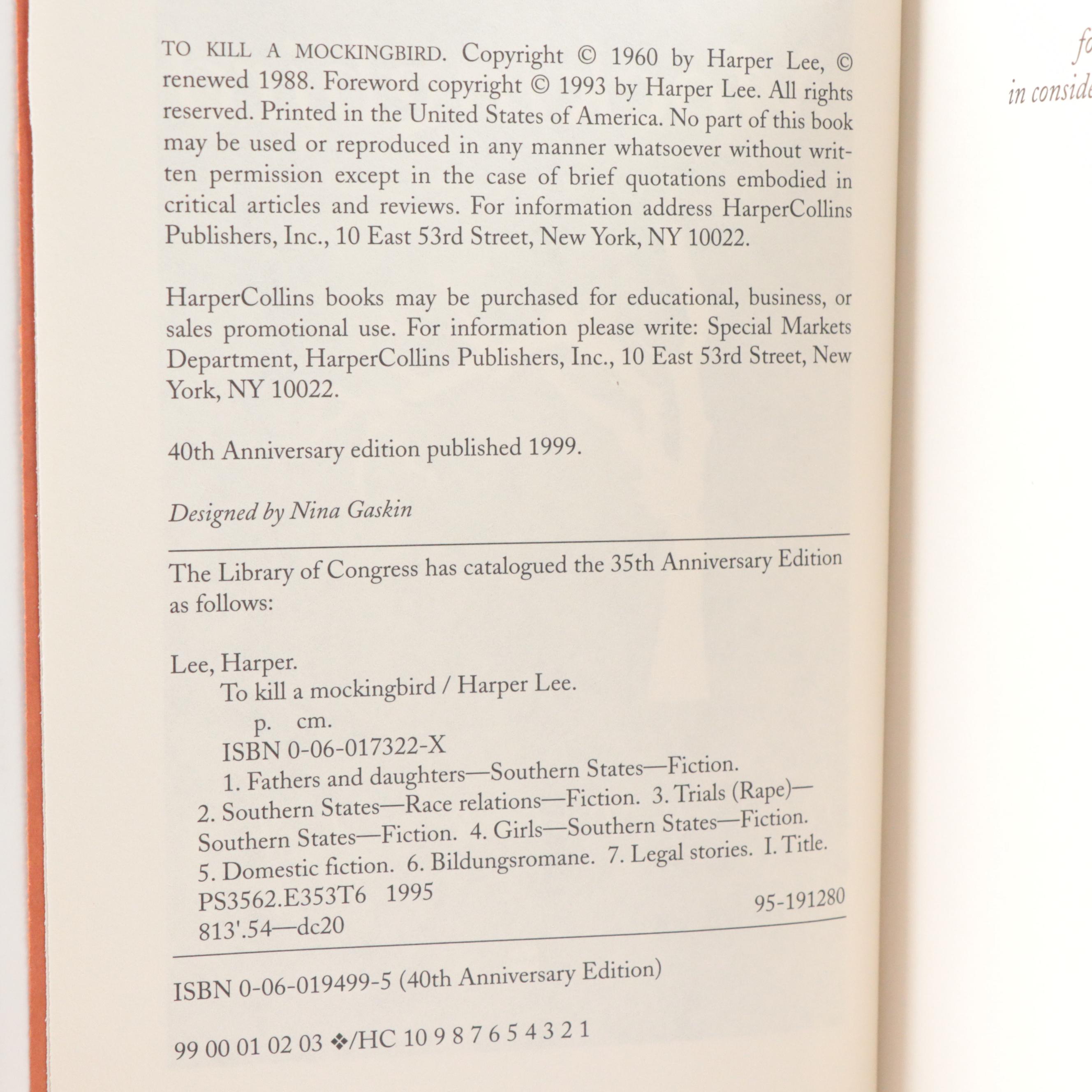 Signed 40th Anniversary Edition "To Kill a Mockingbird" by Harper Lee, 1999