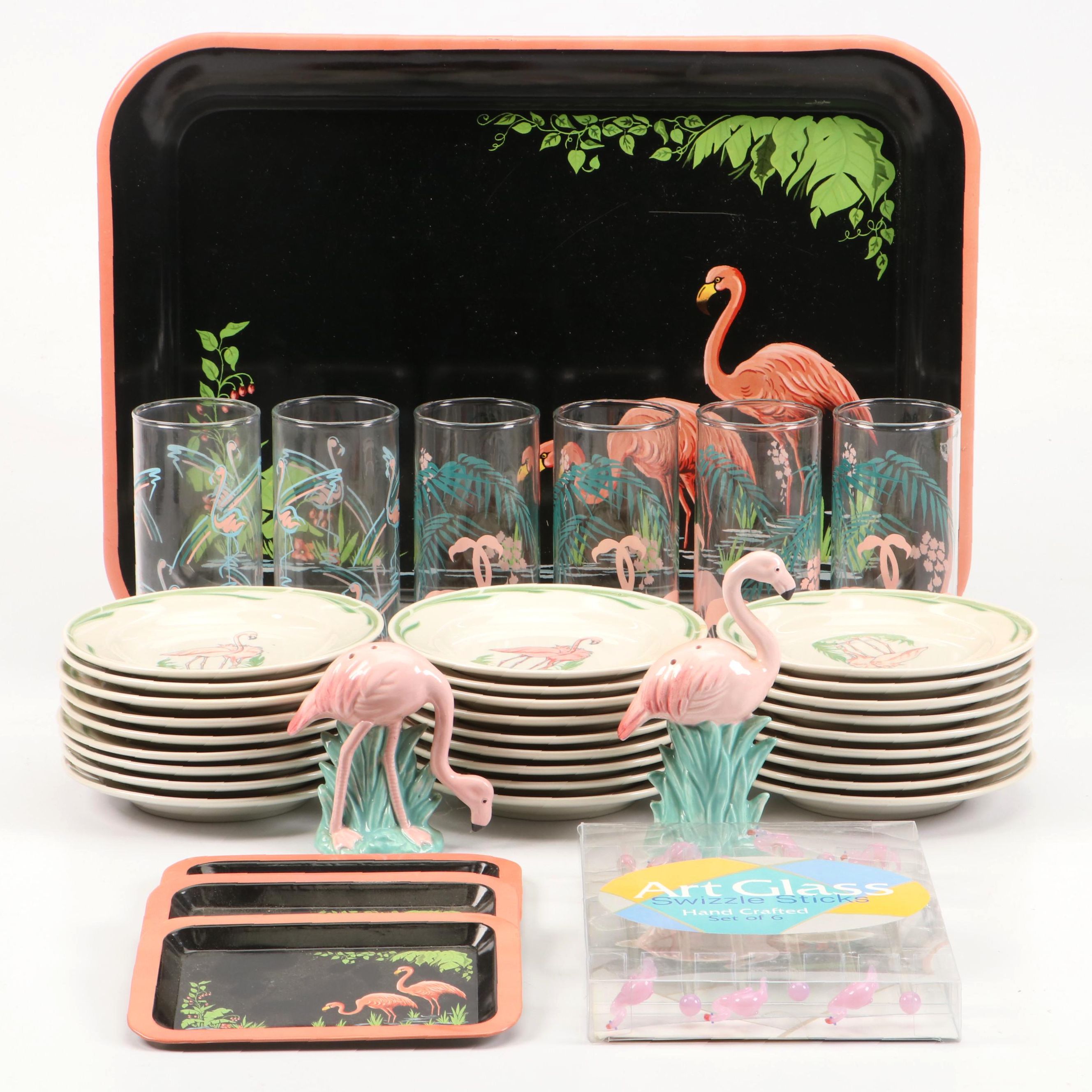 Vandor Flamingo Shakers with Mayer Plates, Glass Swizzle Sticks and More, 1985