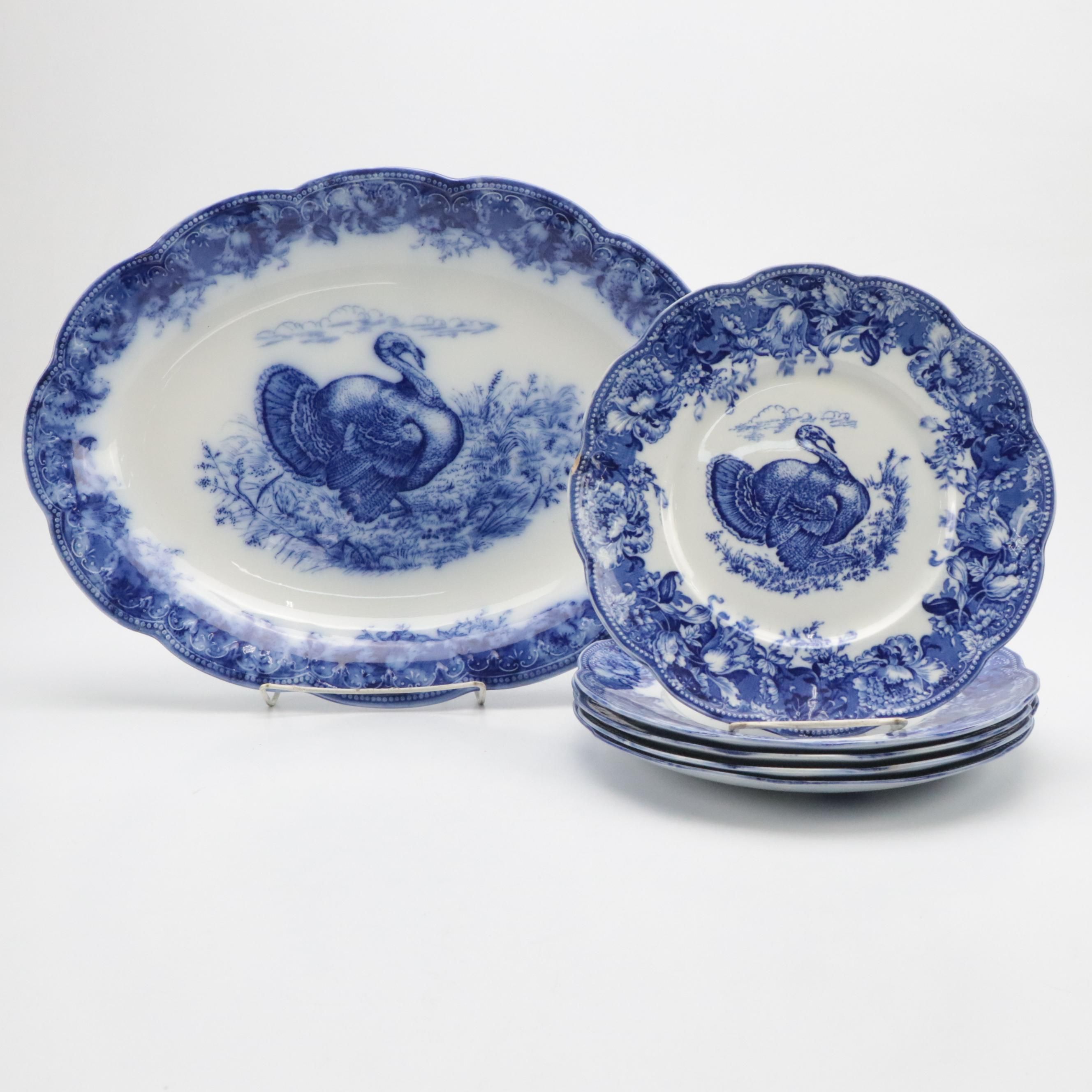 Wedgwood "Clytie" Flow Blue Turkey Platter and Plates