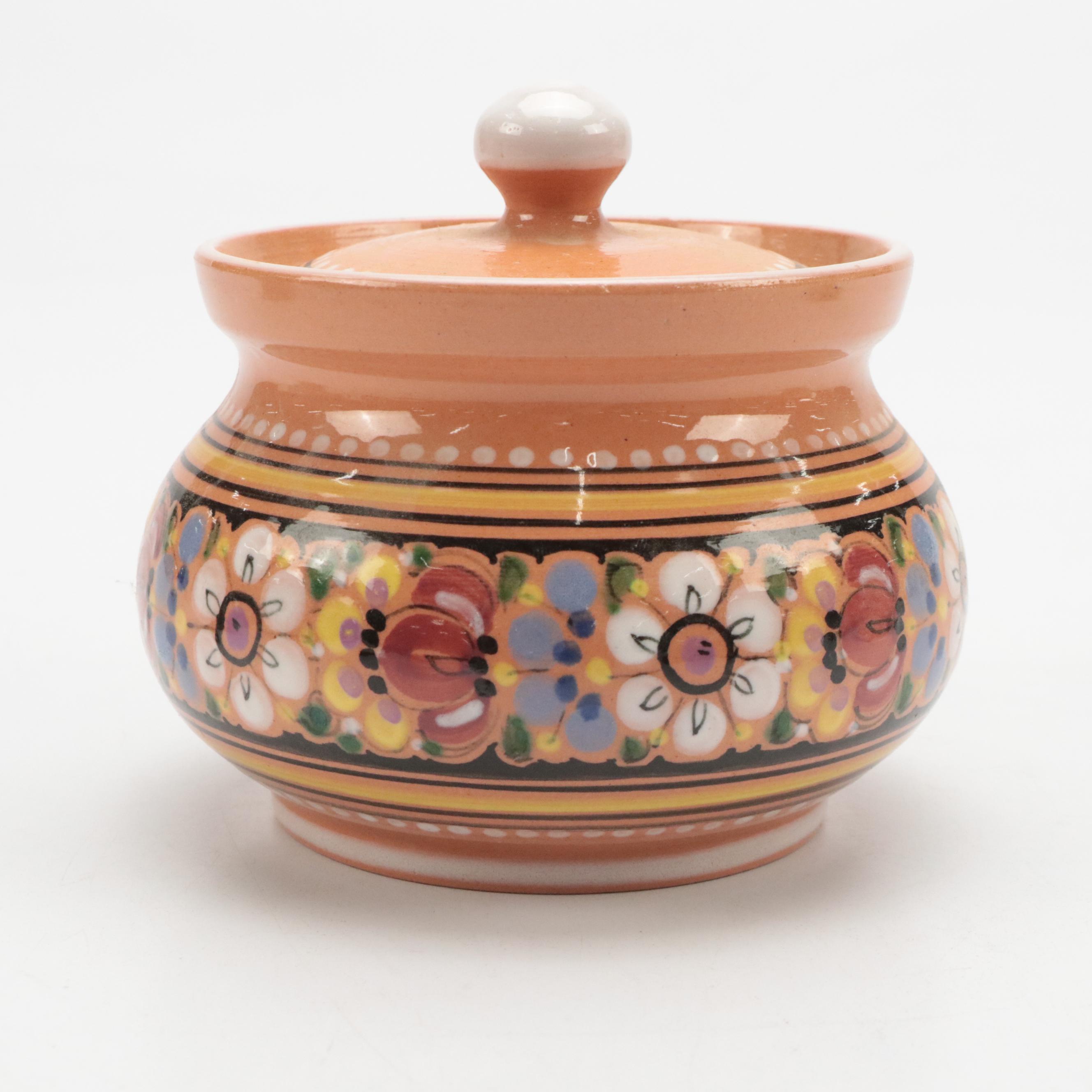 Mexican Art Pottery Creamer and Sugar with Czech Folk Art Pot