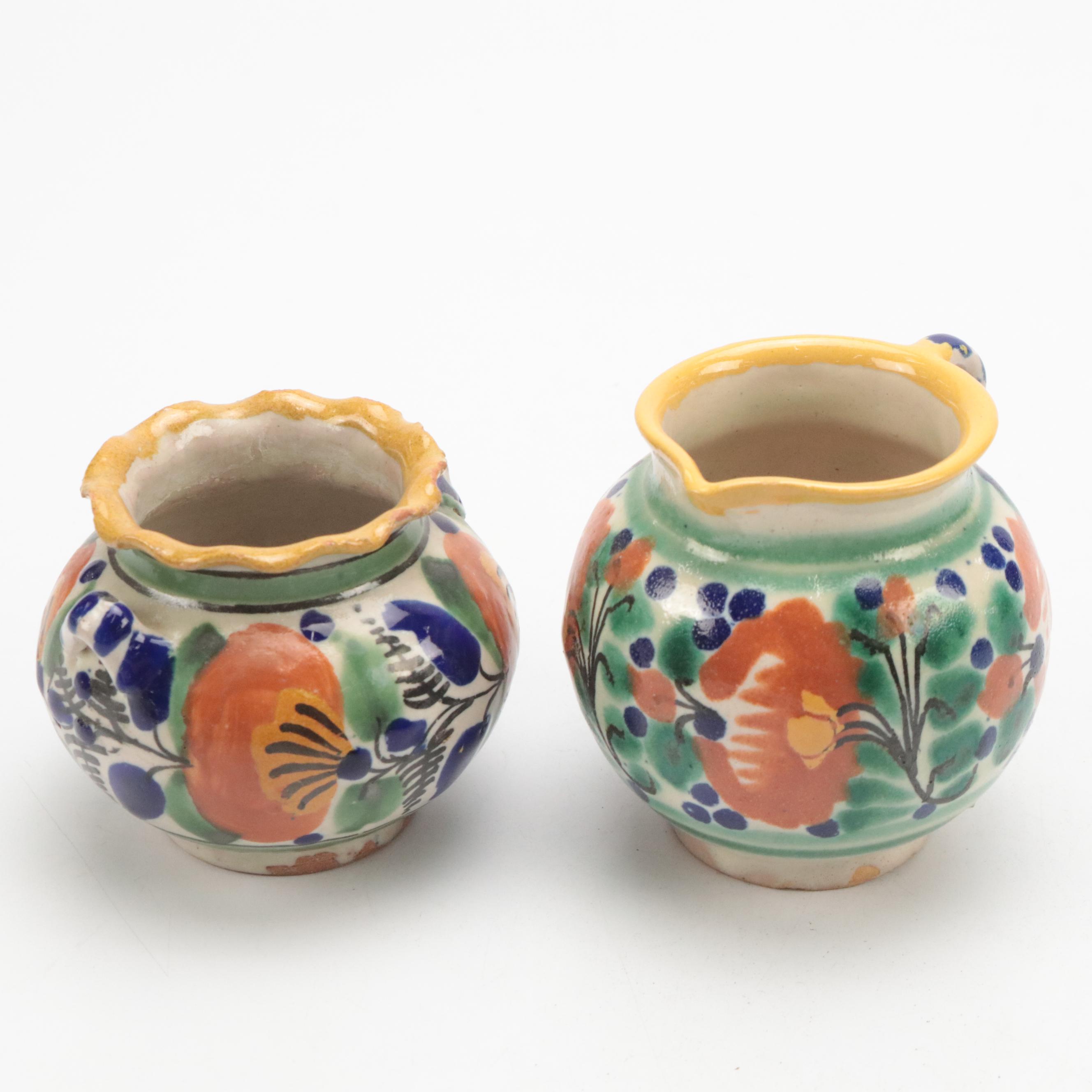 Mexican Art Pottery Creamer and Sugar with Czech Folk Art Pot