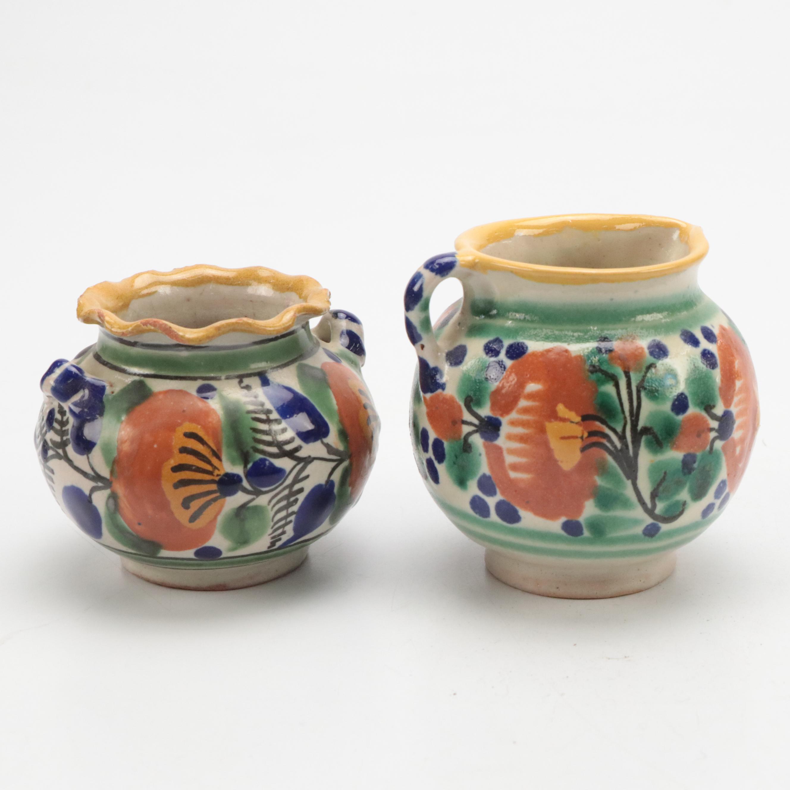 Mexican Art Pottery Creamer and Sugar with Czech Folk Art Pot
